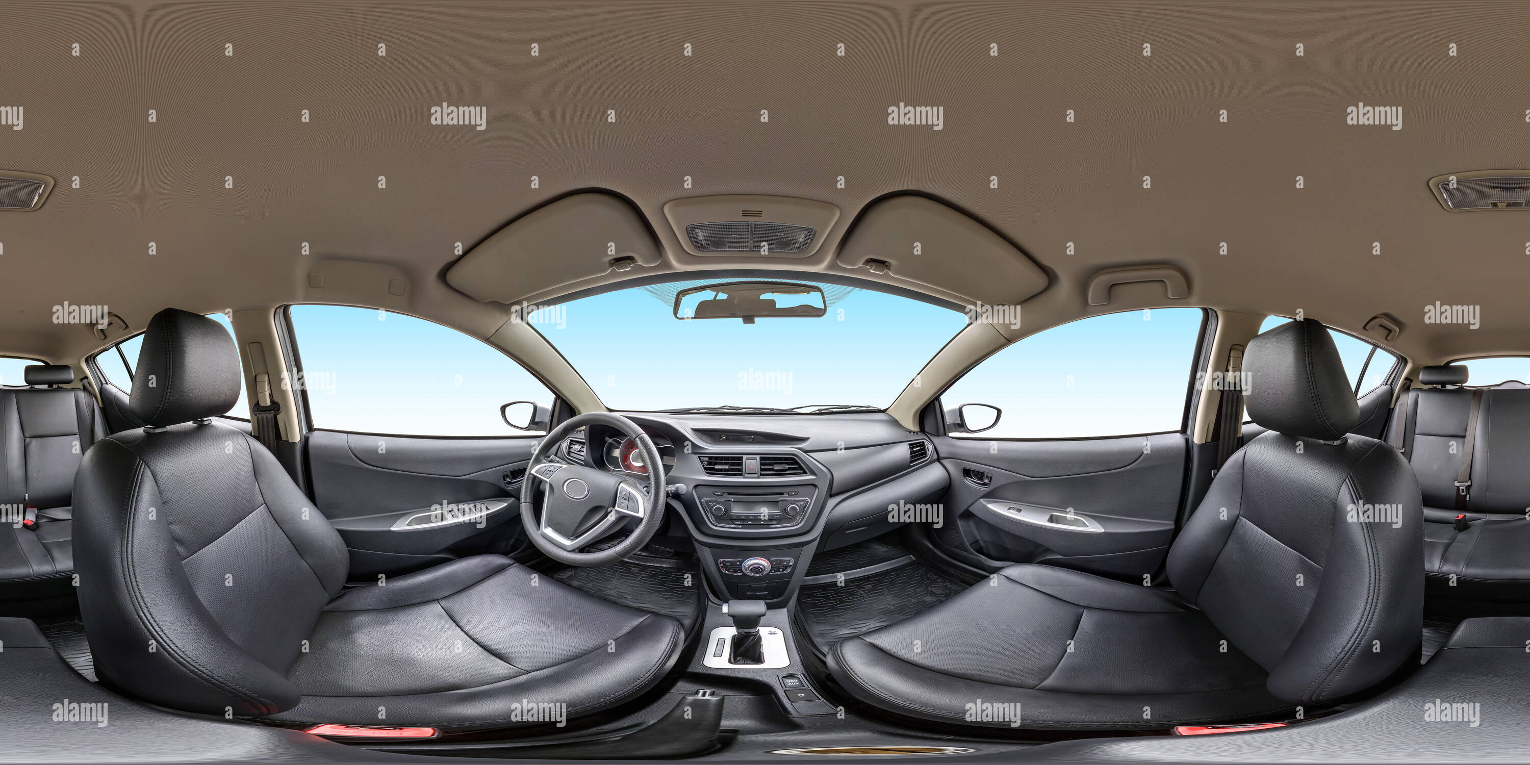 360 degree panoramic view of 360 angle panorama view in interior salon of prestige modern car. Full 360 by 180 degrees seamless equirectangula