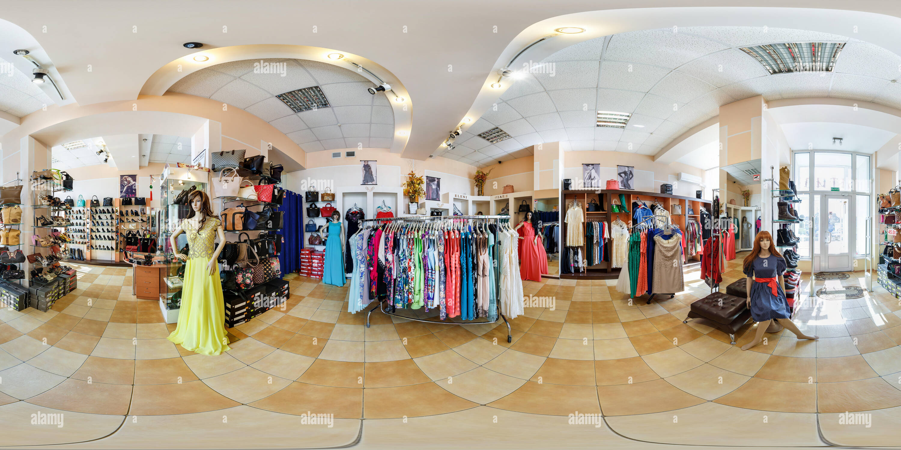 360 degree panoramic view of GRODNO, BELARUS - APRIL 8, 2017: 360 panorama view in interior of shop of fashionable women clothes and shoes, full 360 by 180 degrees angle panorama