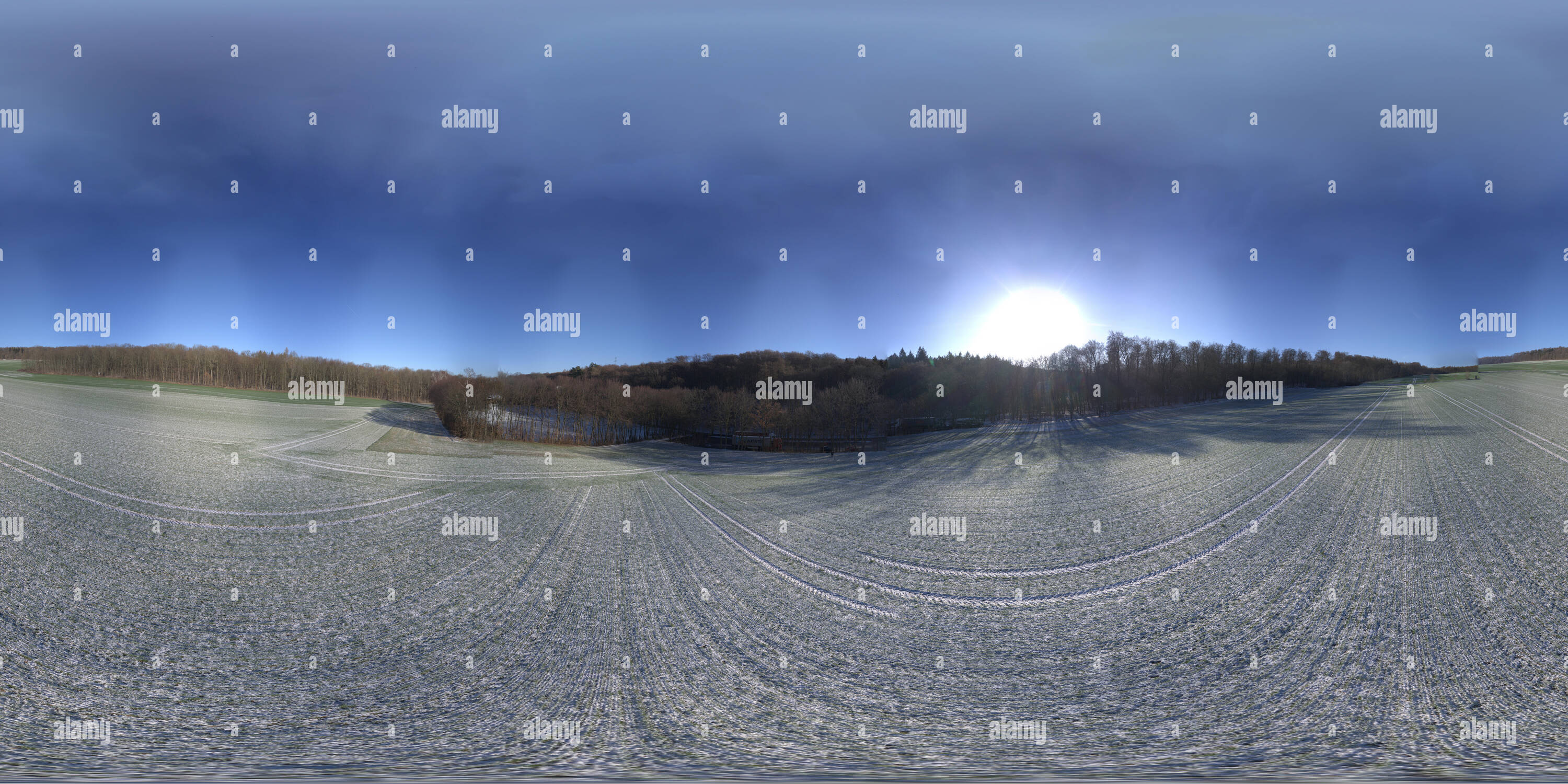 360° view of Meadow covered by the first snow and a football field at