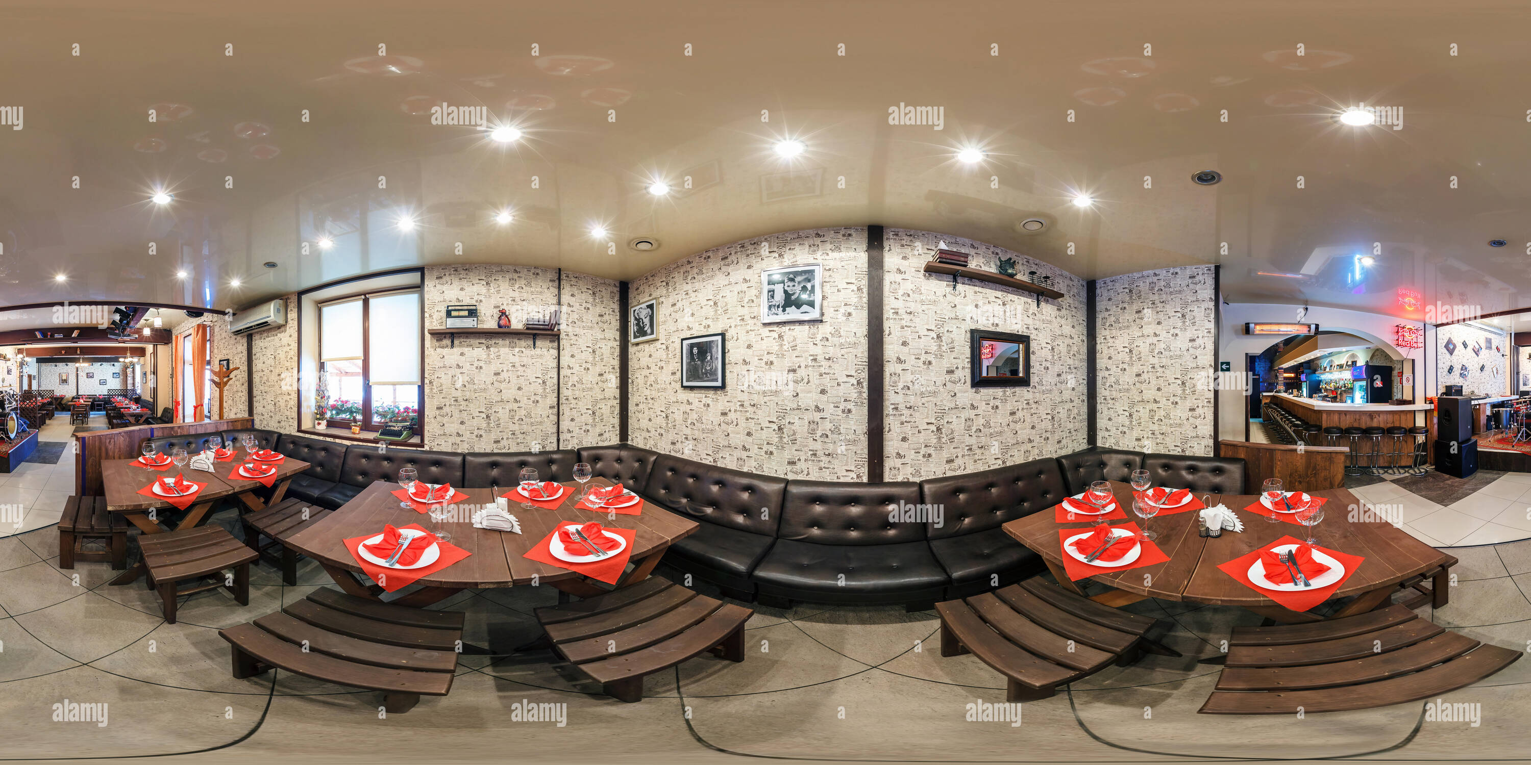 360 degree panoramic view of GOMEL, BELARUS - APRIL 7, 2013: 360 panorama inside interior of stylish cafe in vintage style. Full 360 by 180 angle degree view seamless panorama in