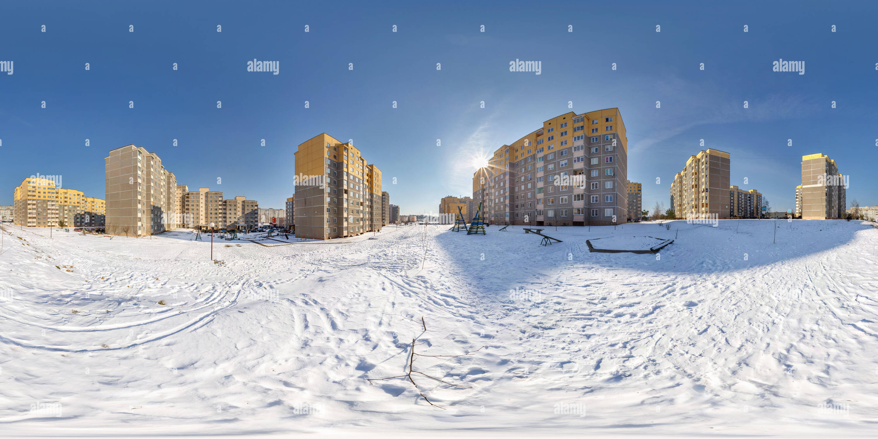 360 View of 360 panorama high-rise building area urban development residential quarter in winter ...