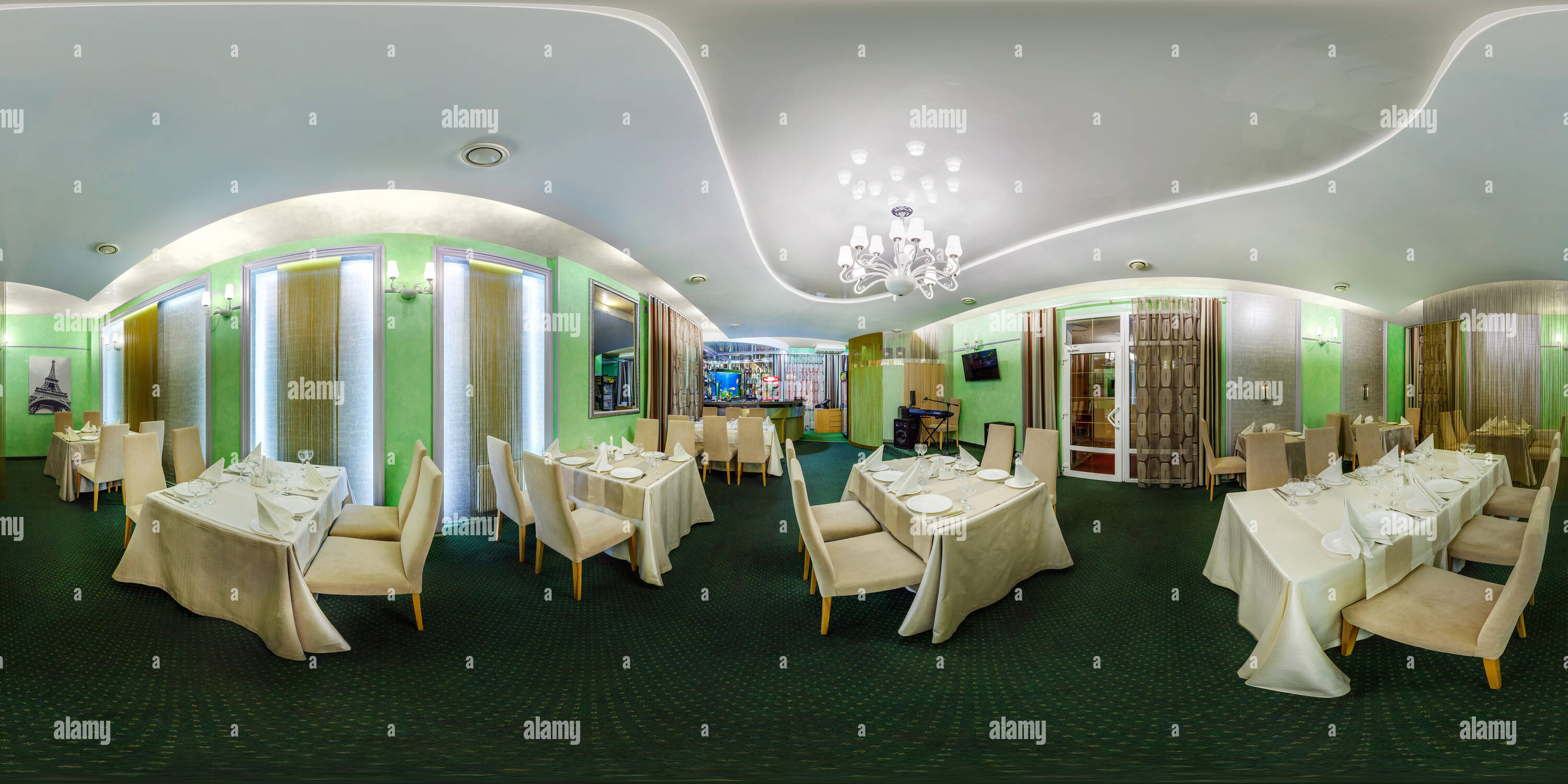 360 degree panoramic view of GRODNO, BELARUS - APRIL 1, 2014: full 360 degree panorama in equirectangular spherical equidistant projection. Panorama in interior of stylish cafe in
