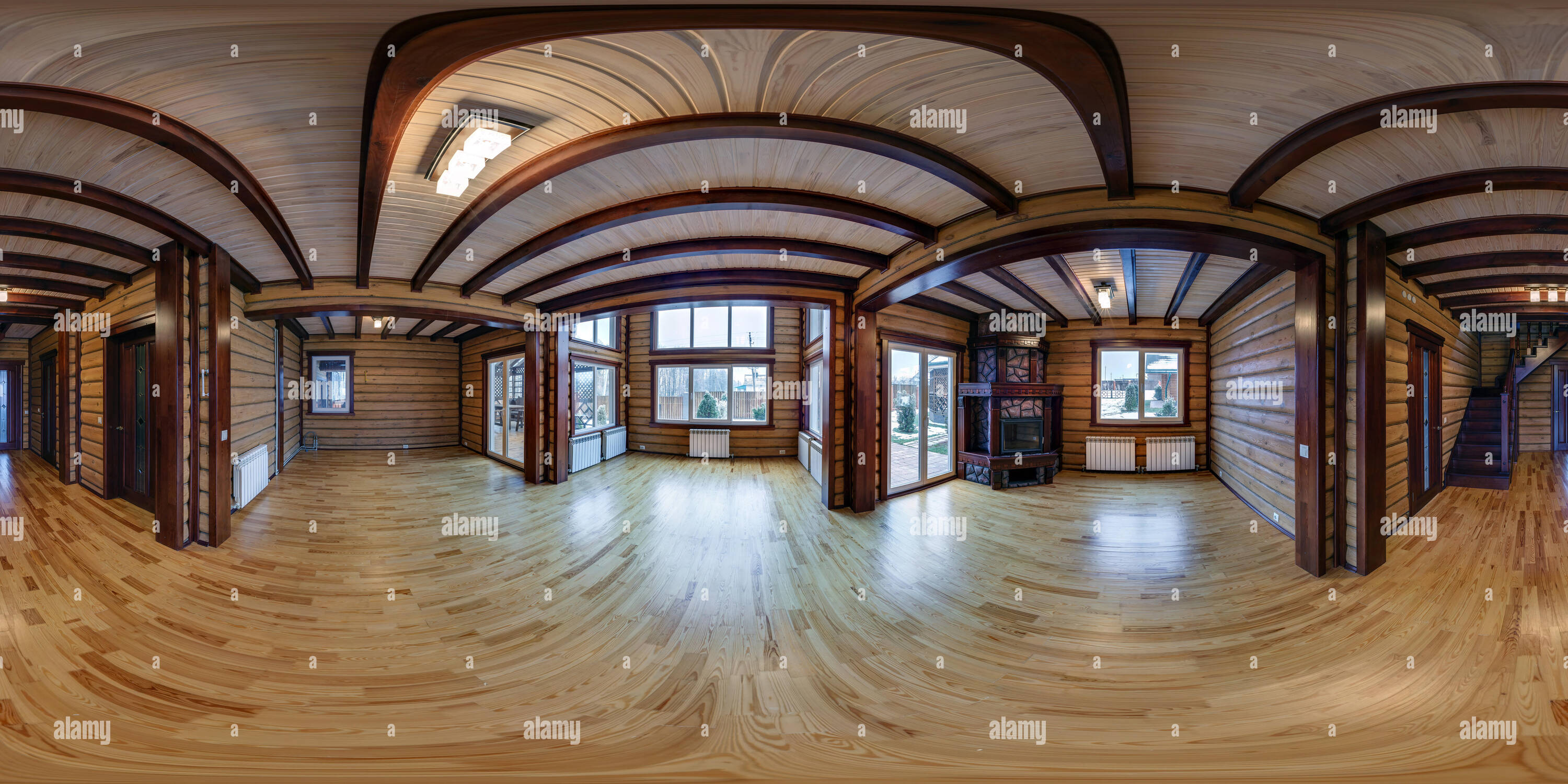 360 degree panoramic view of GOMEL, BELARUS - DECEMBER 4, 2017: 360 panorama in interior empty hall room in wooden village vacation home. full 360 degree panorama in equirectangul