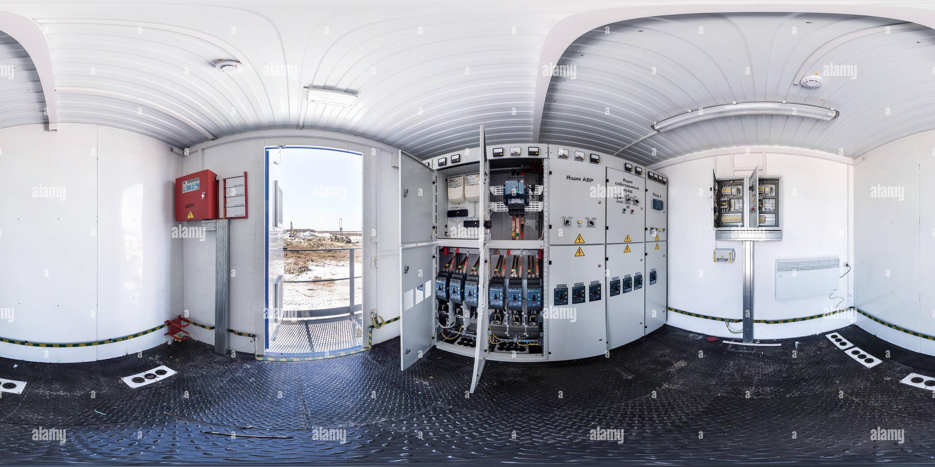 360 degree panoramic view of GOMEL, BELARUS - FEBRUARY, 2017: panorama 360 angle in interior high voltage power unit shield. Full spherical 360 degrees seamless panorama in equire