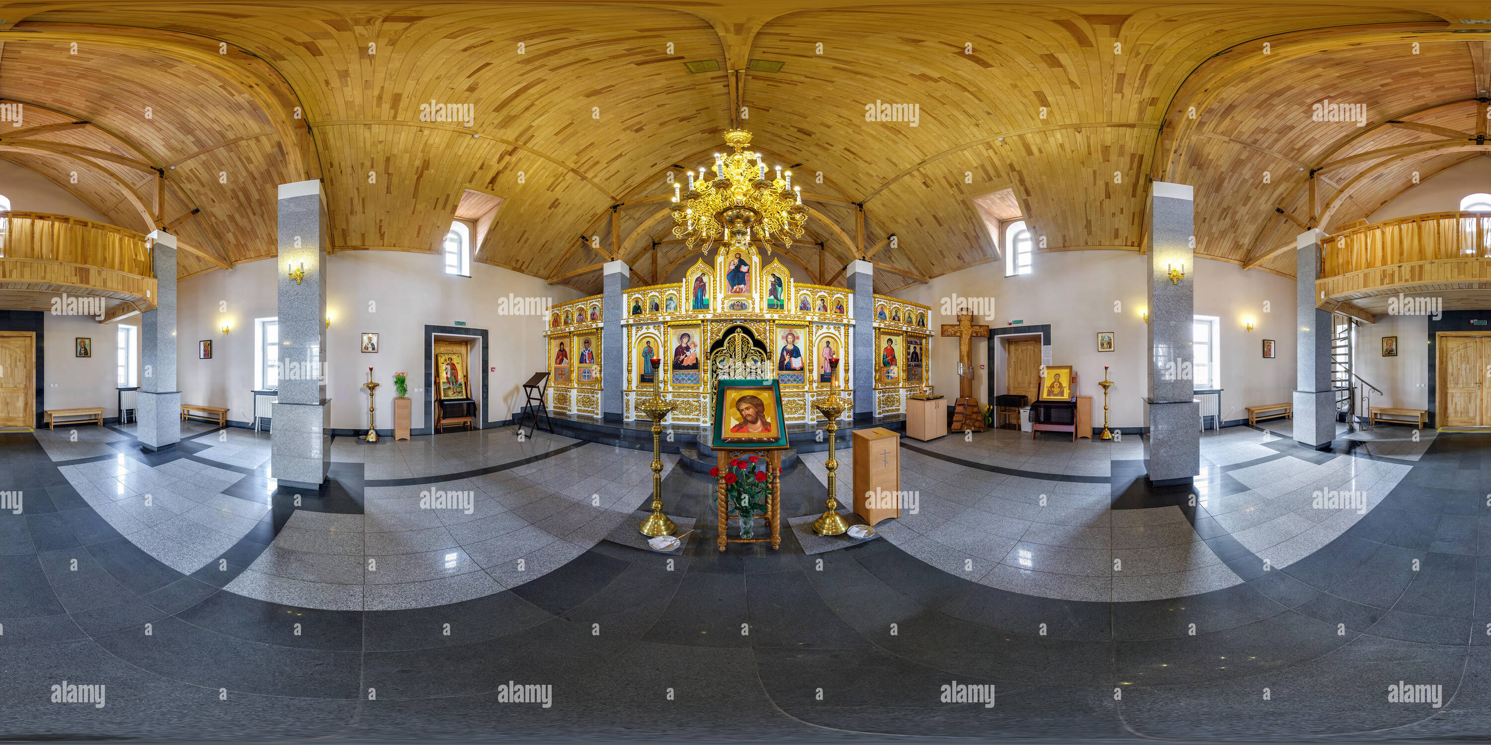 360 degree panoramic view of GRODNO, BELARUS - MARCH, 2018: Panorama 360 angle view in interior of small orthodox church with icons. Full 360 by 180 degrees seamless equirectangul