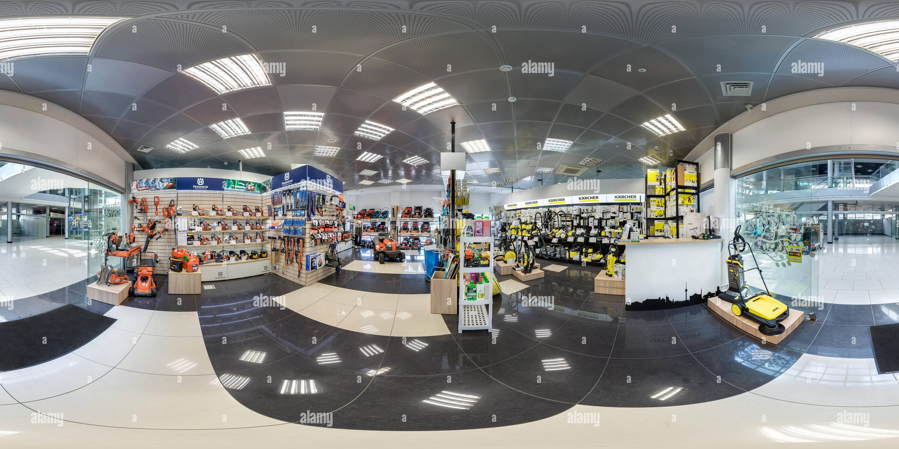 360 degree panoramic view of MINSK, BELARUS - APRIL, 2017: panorama 360 angle view in interior elite luxury store of electric garden tool shop karcher. full 360 degree seamless pa