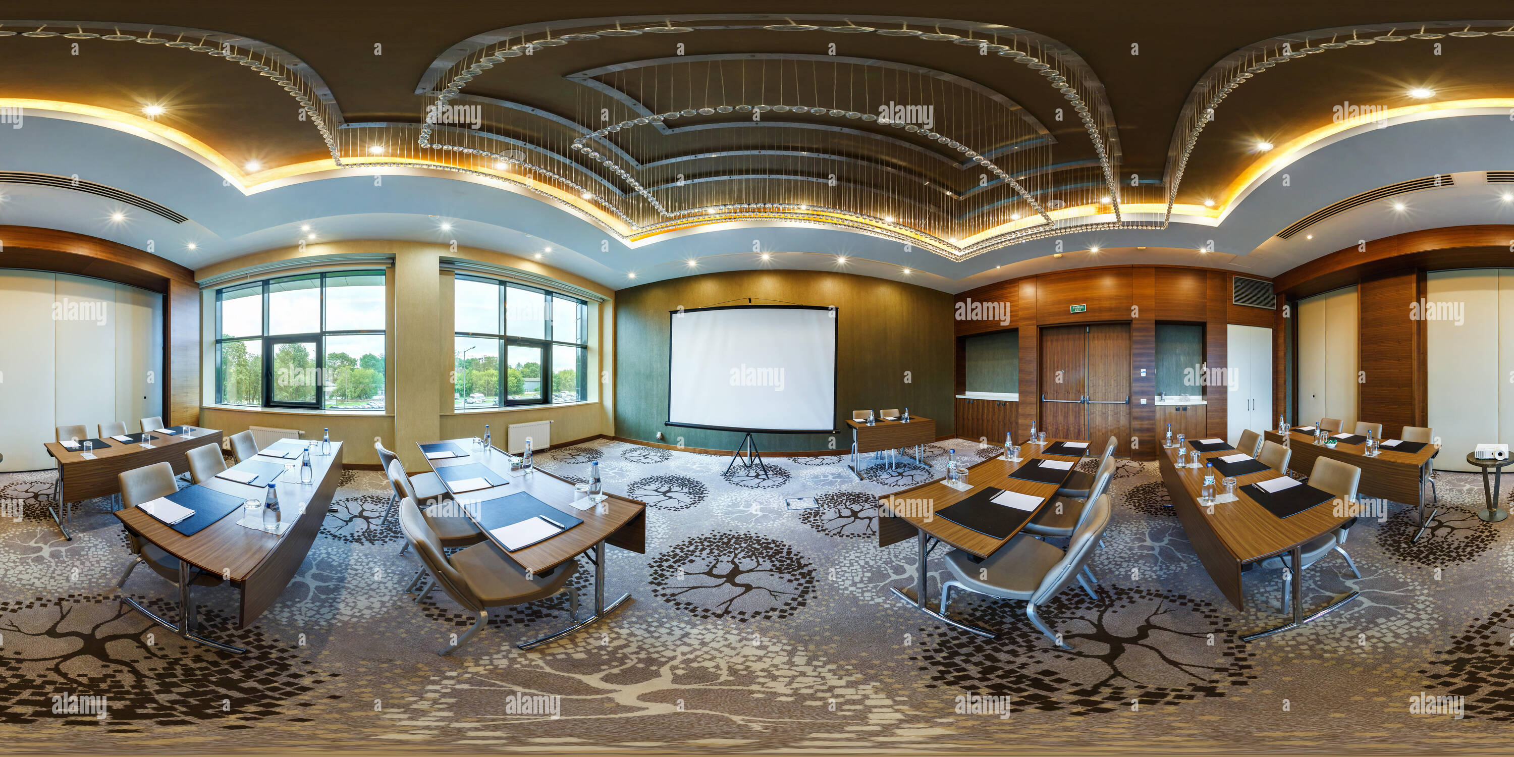 360 degree panoramic view of MINSK, BELARUS - JULY 2017: panorama 360 angle view in modern empty conference hall for business meetings, full 360 by 180 degrees panorama in equirec