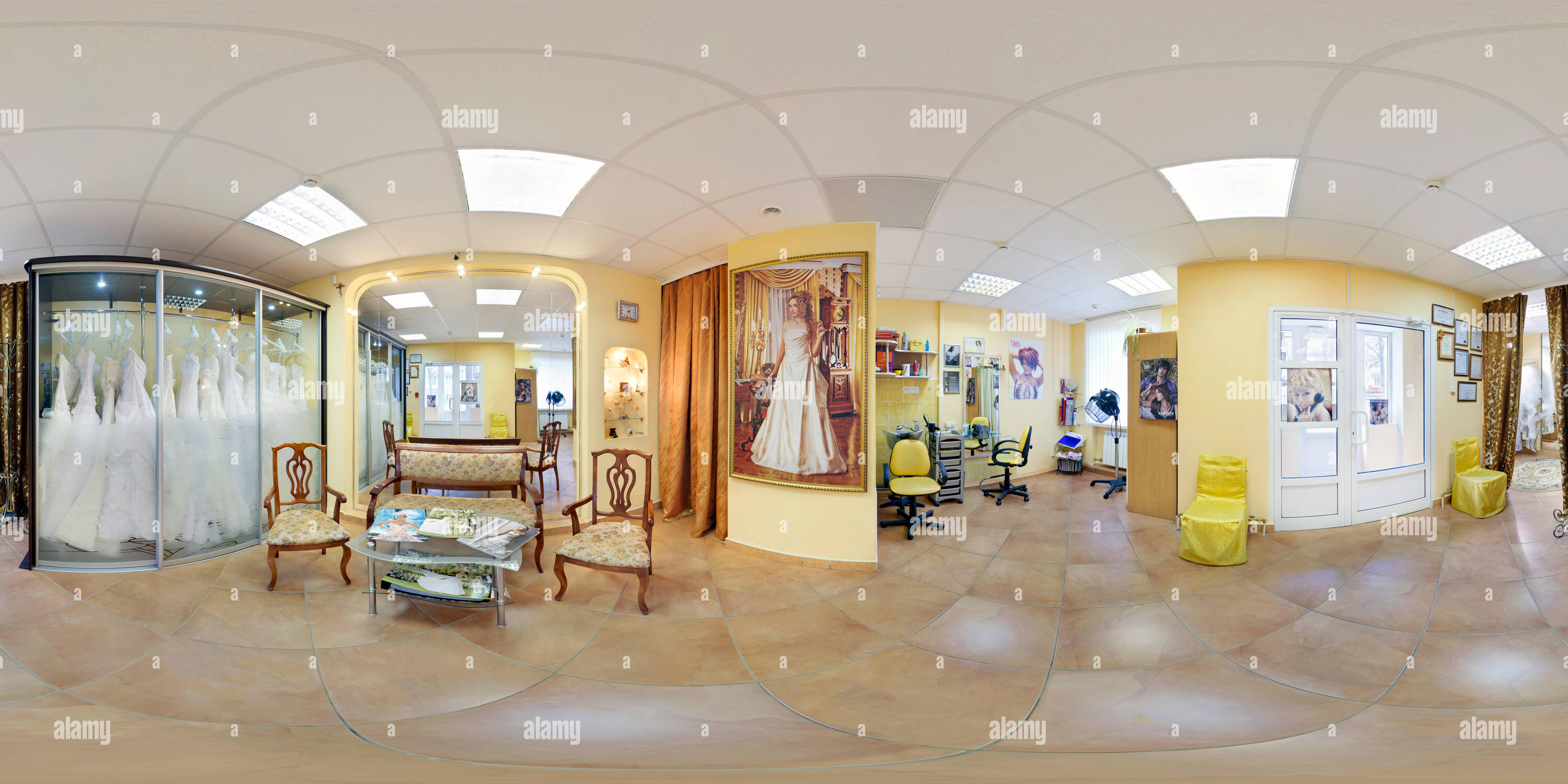 360 degree panoramic view of GOMEL , BELARUS - FEBRUARY, 2012: Inside of the interior of luxury wedding saloon with barbershop. Full 360 degree angle view panorama in equirectangu