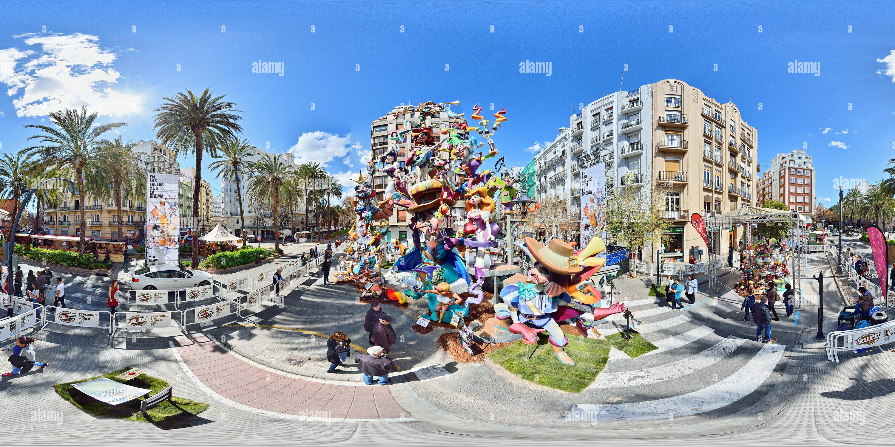 360 degree panoramic view of 360º view of a Falla de Valencia. Artistic monuments planted in the streets of Valencia and traditionally burned on San José day