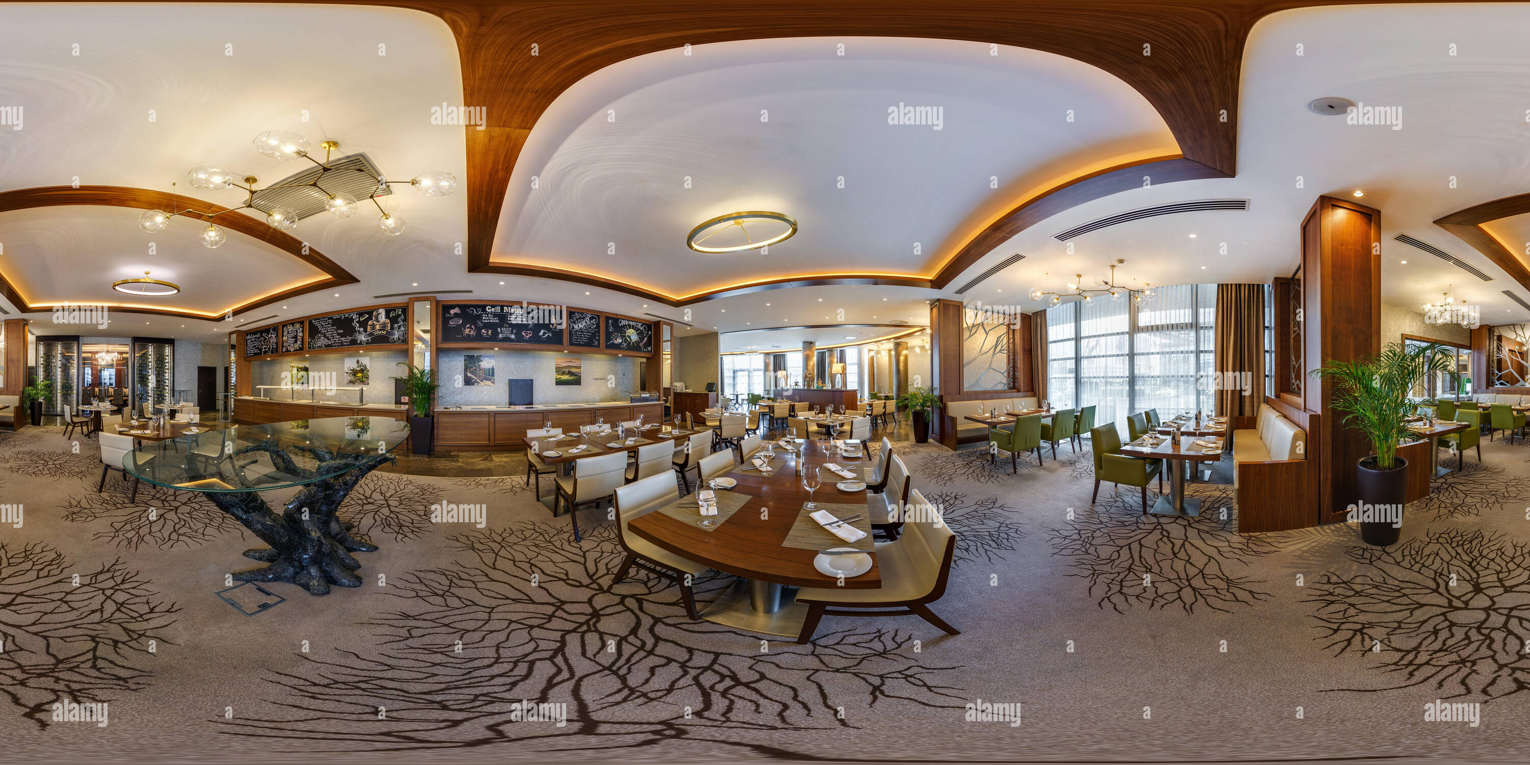 360 degree panoramic view of MINSK, BELARUS - AUGUST, 2017: full panorama 360 angle view seamless inside interior of large banquet hall in modern cafe in equirectangular spherical