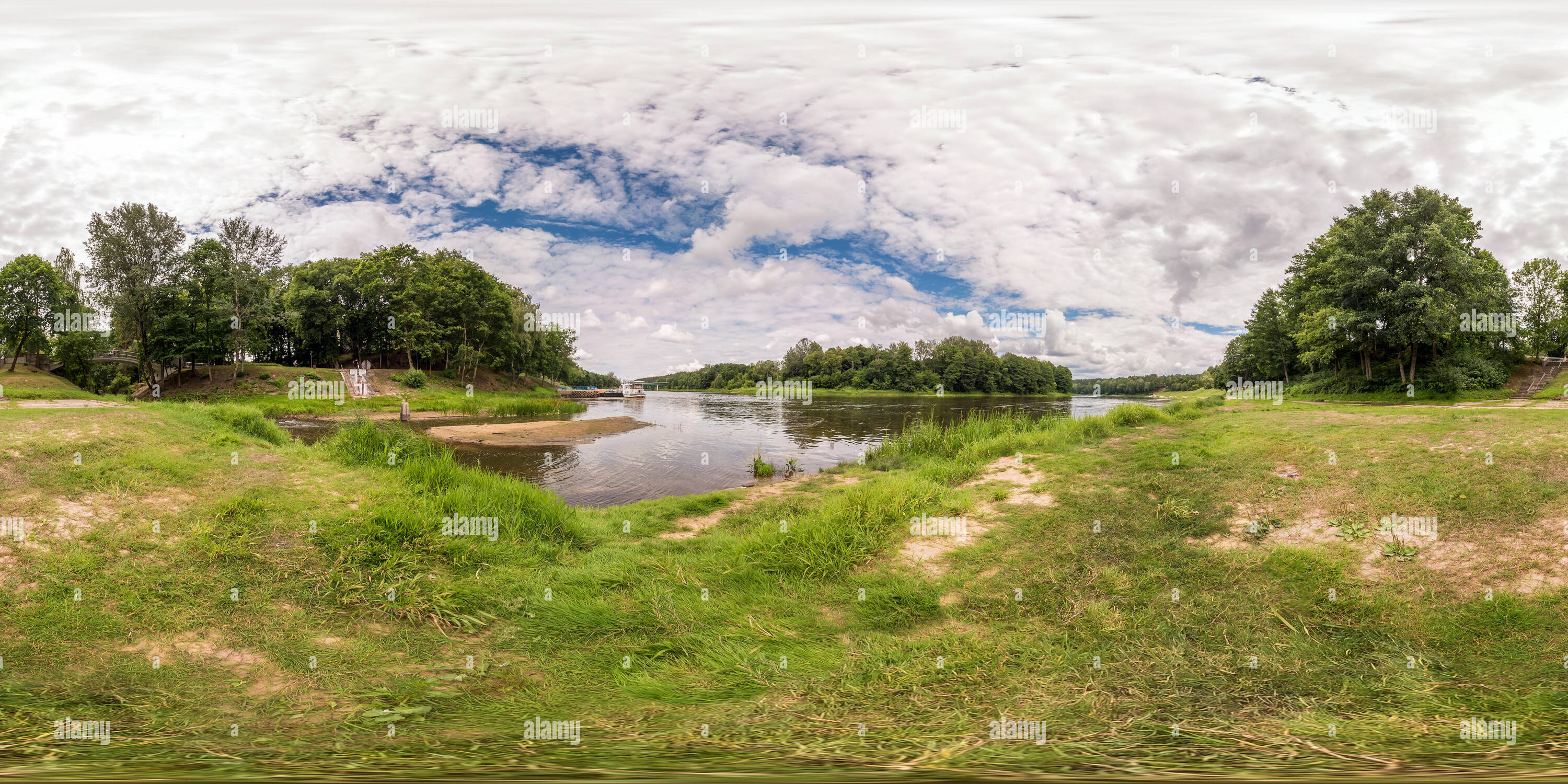 360 degree panoramic view of full seamless spherical panorama 360 by 180 degrees angle view on the shore of width river in summer day in equirectangular projection, ready for VR v