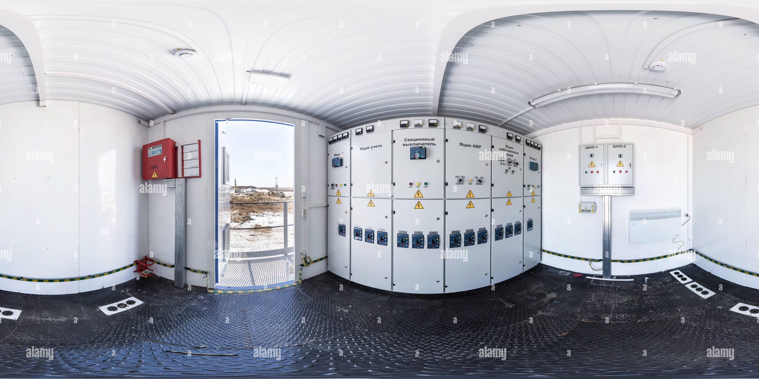 360 degree panoramic view of GOMEL, BELARUS - FEBRUARY, 2017: full seamless  panorama 360 degrees angle in interior high voltage power unit shield in equirectangular equidistant p