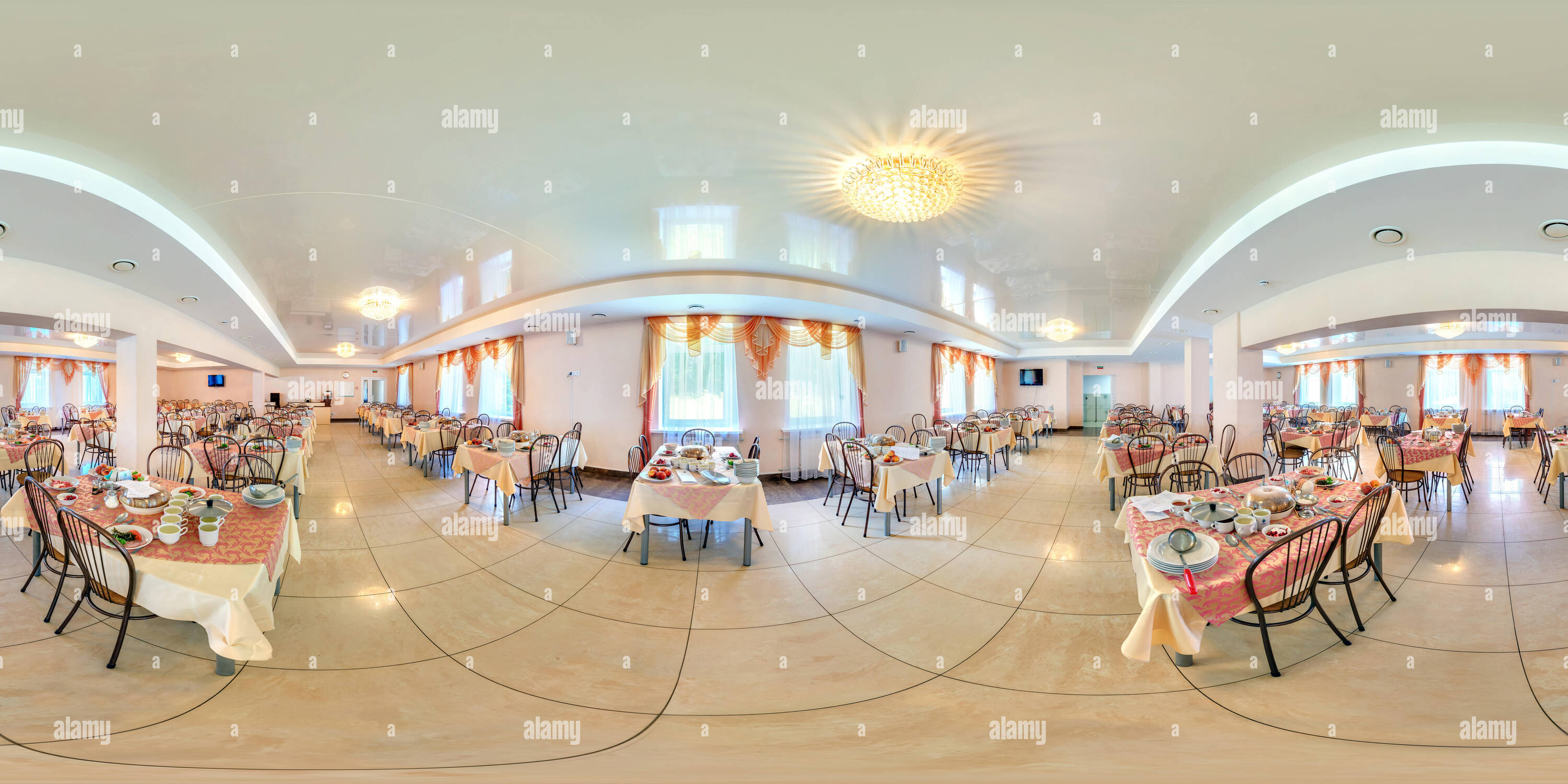 360 degree panoramic view of MINSK, BELARUS - JULY, 2013: Full spherical 360 by 180 degrees seamless panorama in interior fast food canteen in sanatorium in equirectangular equidi