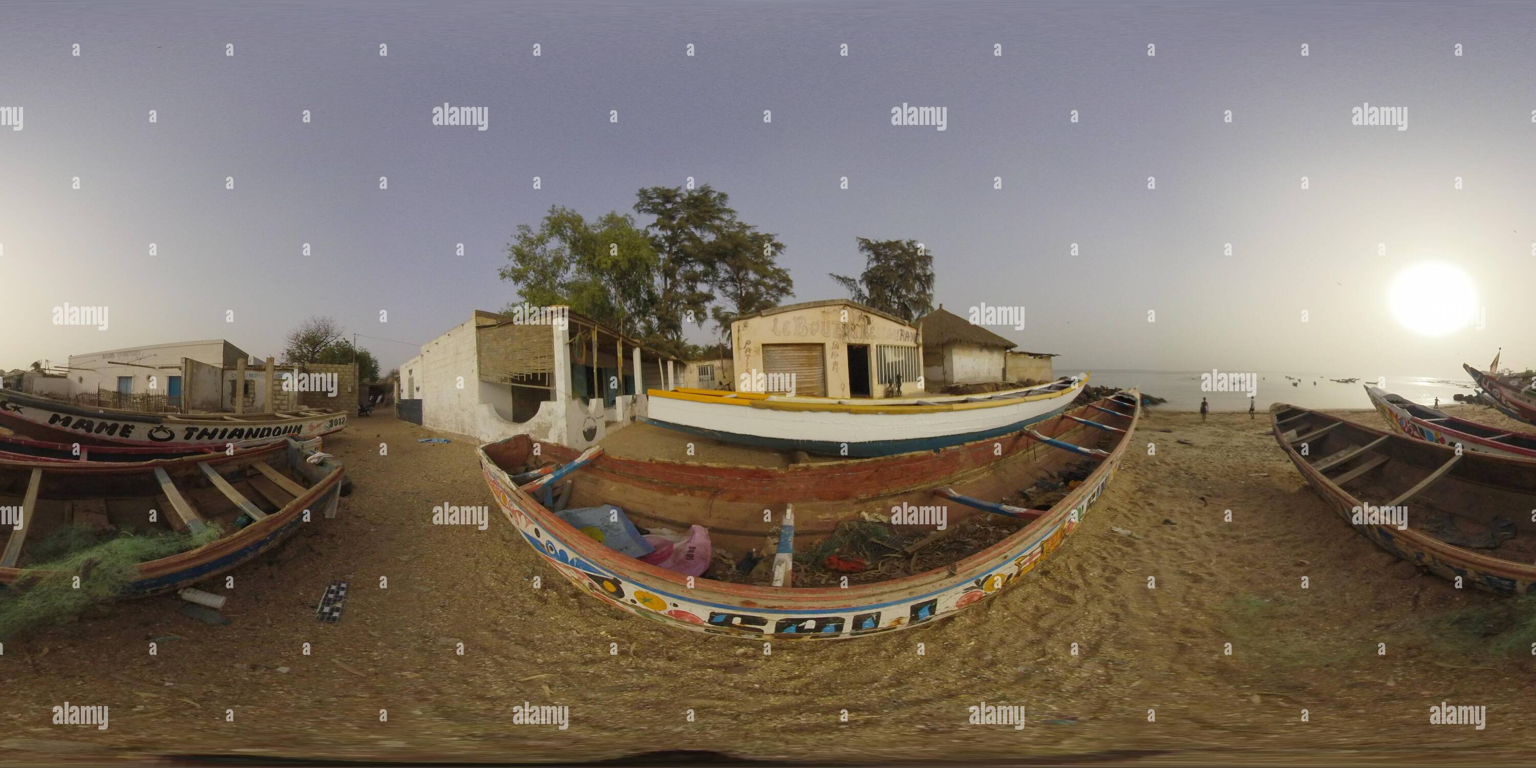 360 degree panoramic view of M´Bour, Senegal, 12th March 2019: 30 image of fishing boats by the sea