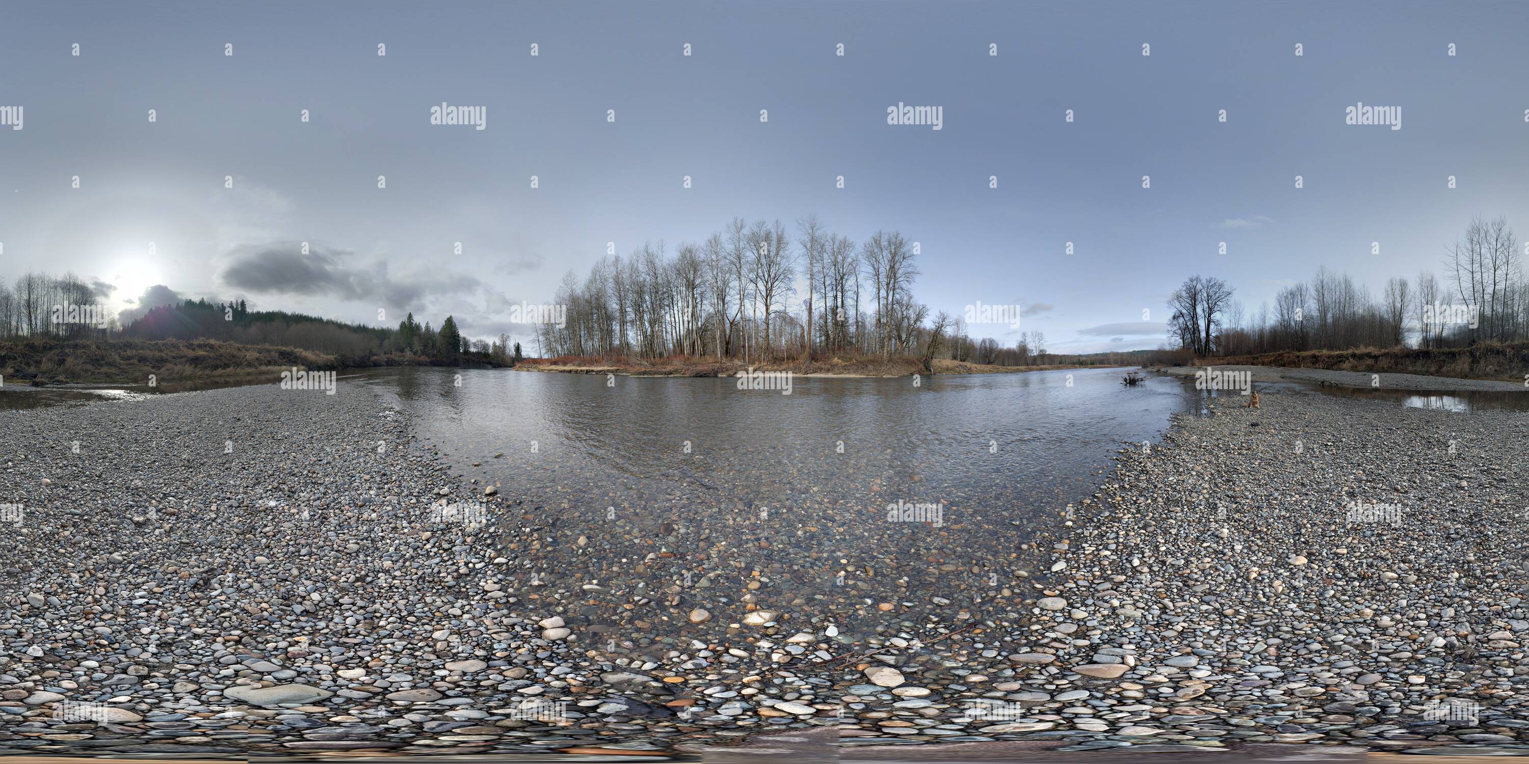 360° view of Snoqualmie River Sand Bar, Chinook Bend Recreational Area, Near Carnation