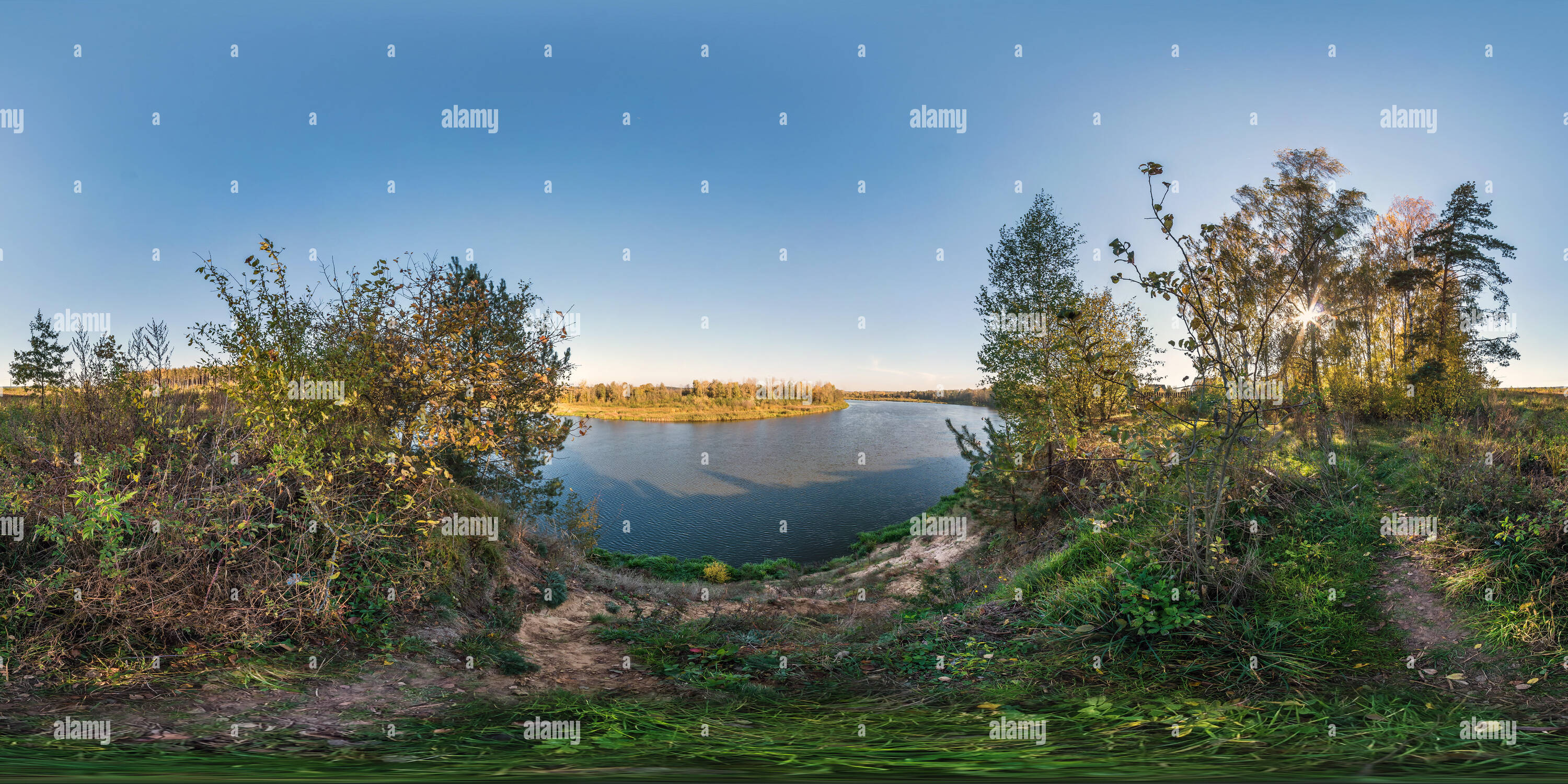 360 degree panoramic view of full seamless spherical cube panorama 360 by 180 degrees angle view on precipice of a wide river in sunny summer evening in equirectangular projection