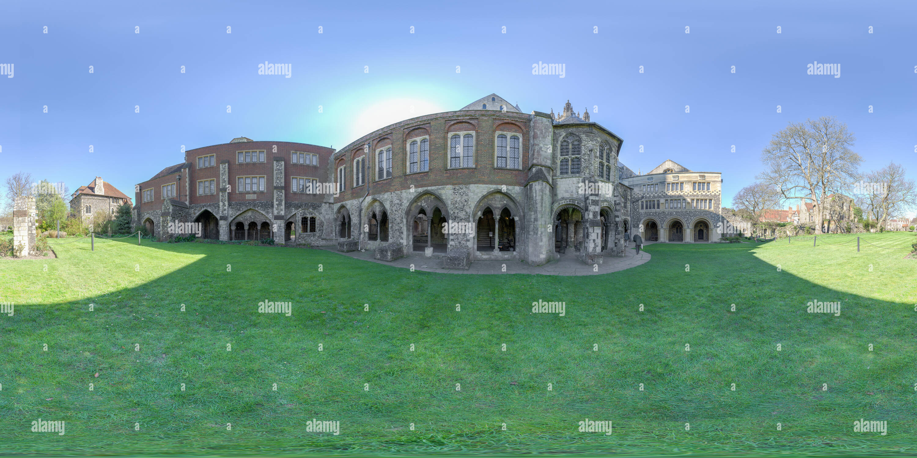 360 degree panoramic view of The romanesque water tower and library adjacent to the precinct at the world heritage site of Canterbury cathedral, England.