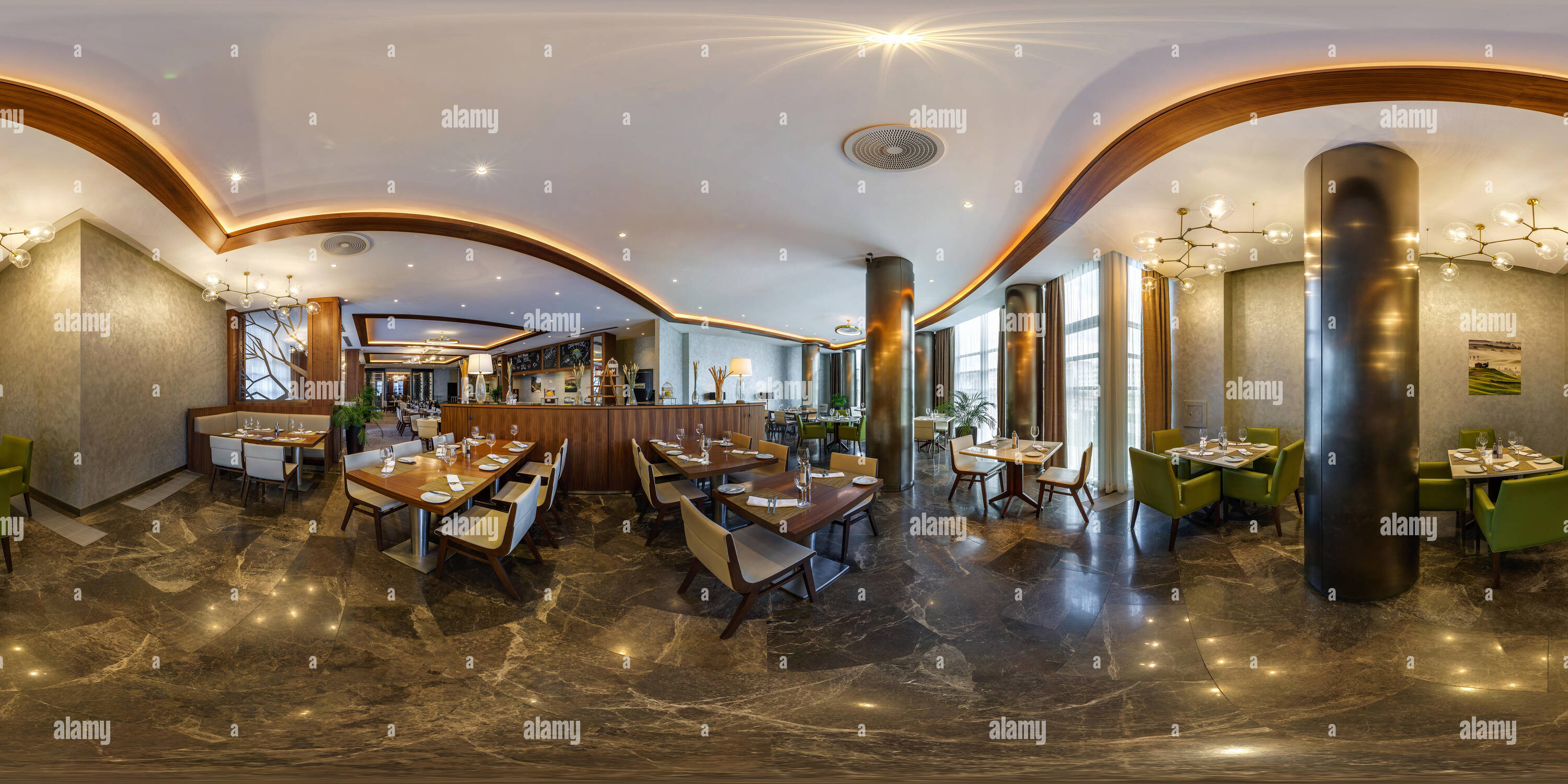 360 degree panoramic view of MINSK, BELARUS - AUGUST, 2017: full seamless panorama 360 degrees angle inside interior of banquet hall in elite cafe in modern hotel. 360 panorama in