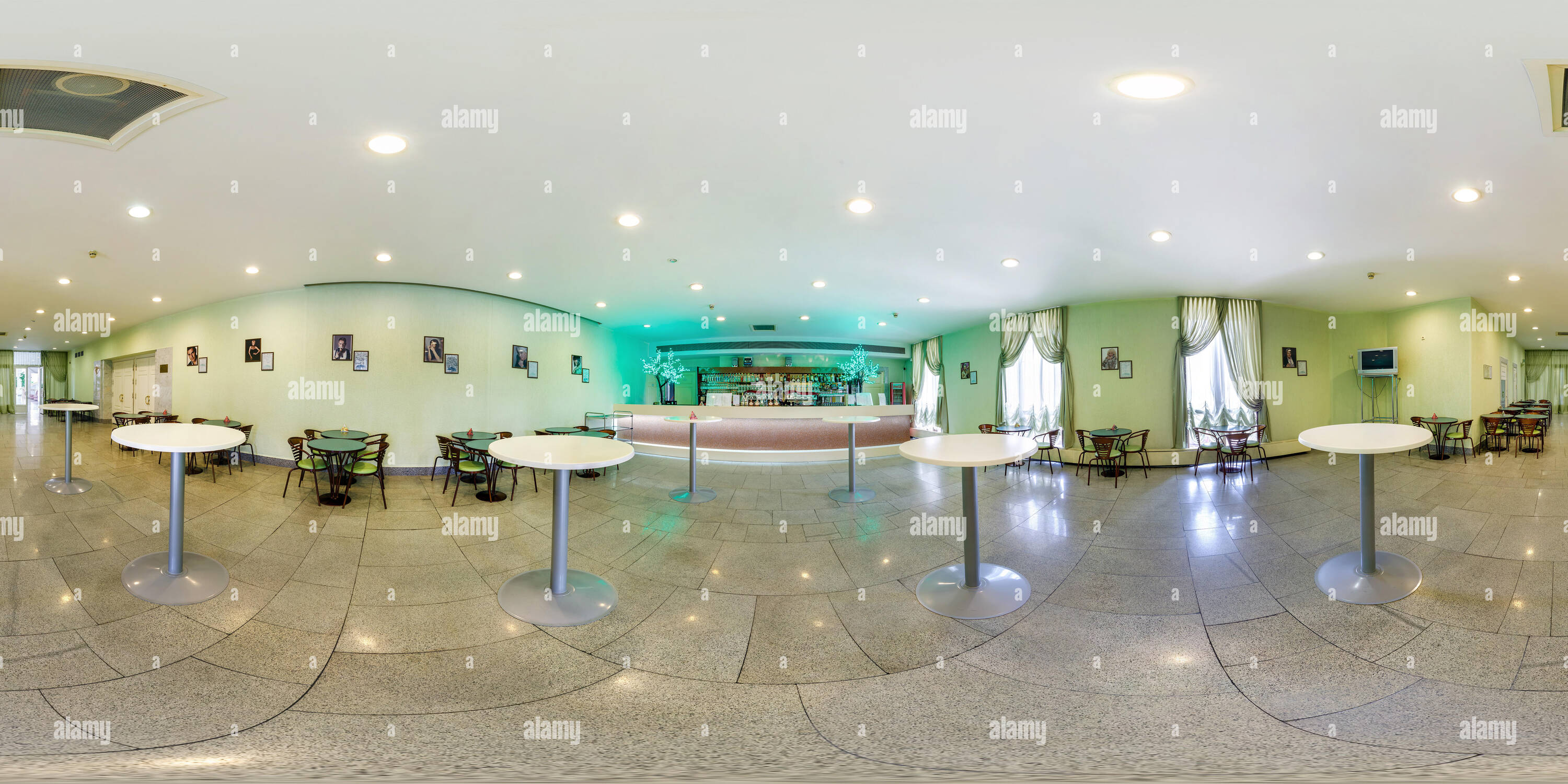 360 degree panoramic view of MINSK, BELARUS - JULY, 2016: full seamless spherical panorama 360 degrees angle Inside interior of small cafe bar. 360 panorama in equirectangular pro