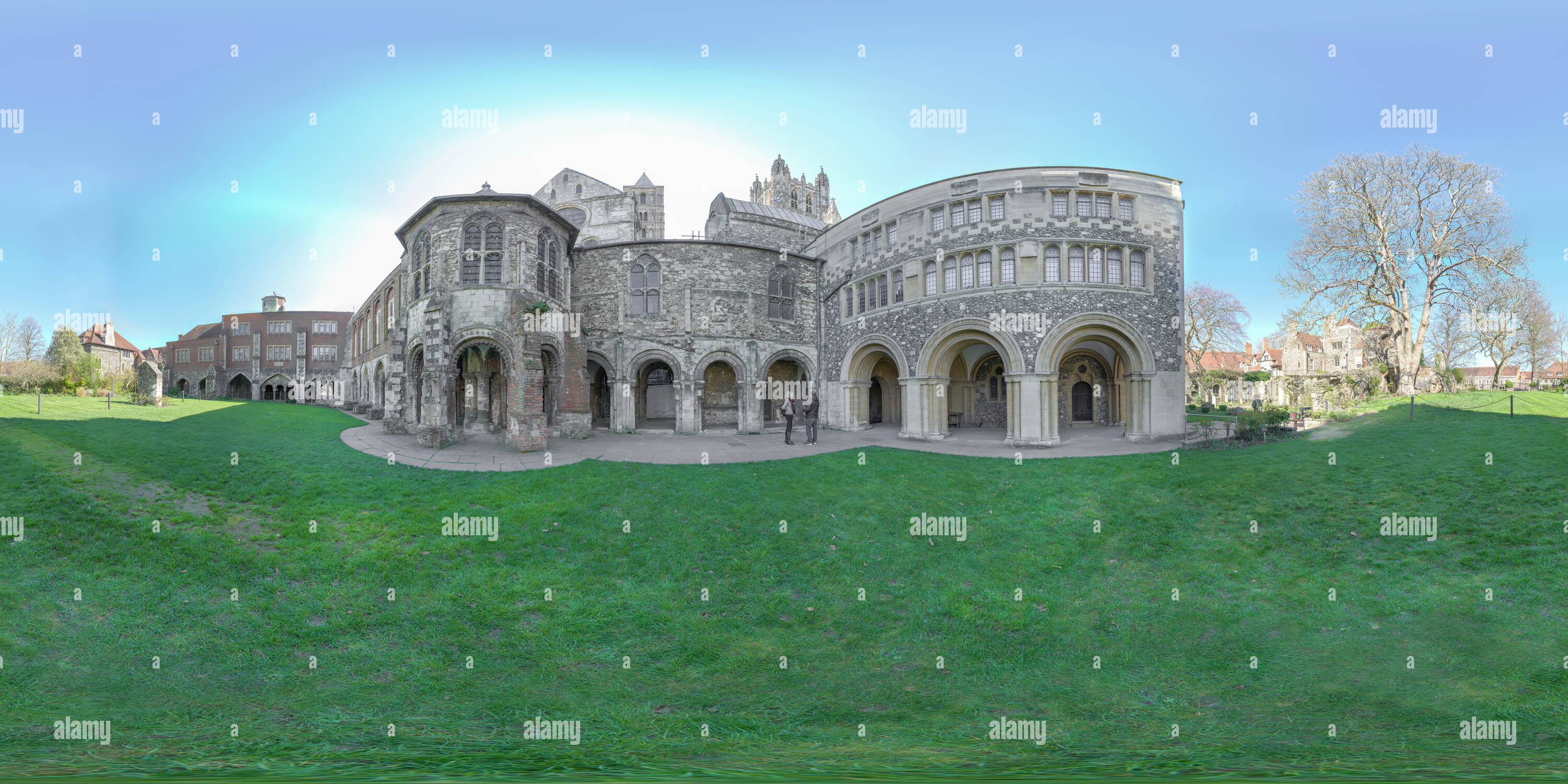 360 degree panoramic view of The romanesque water tower and library adjacent to the precinct at the world heritage site of Canterbury cathedral, England.