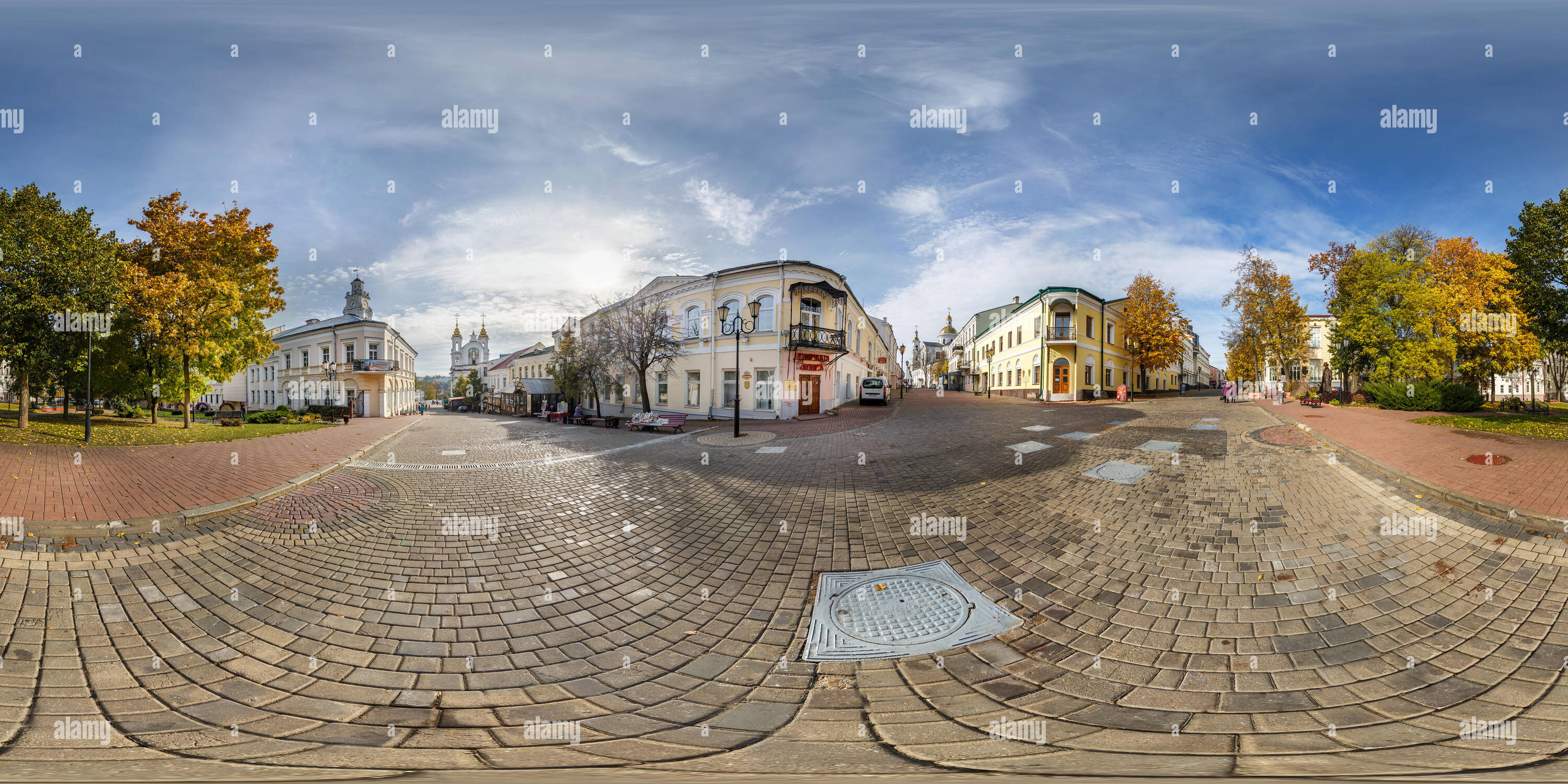360 degree panoramic view of VITEBSK, BELARUS - OCTOBER, 2018: Full seamless panorama 360 degrees angle view on pedestrian street place of old tourist town in equirectangular proj