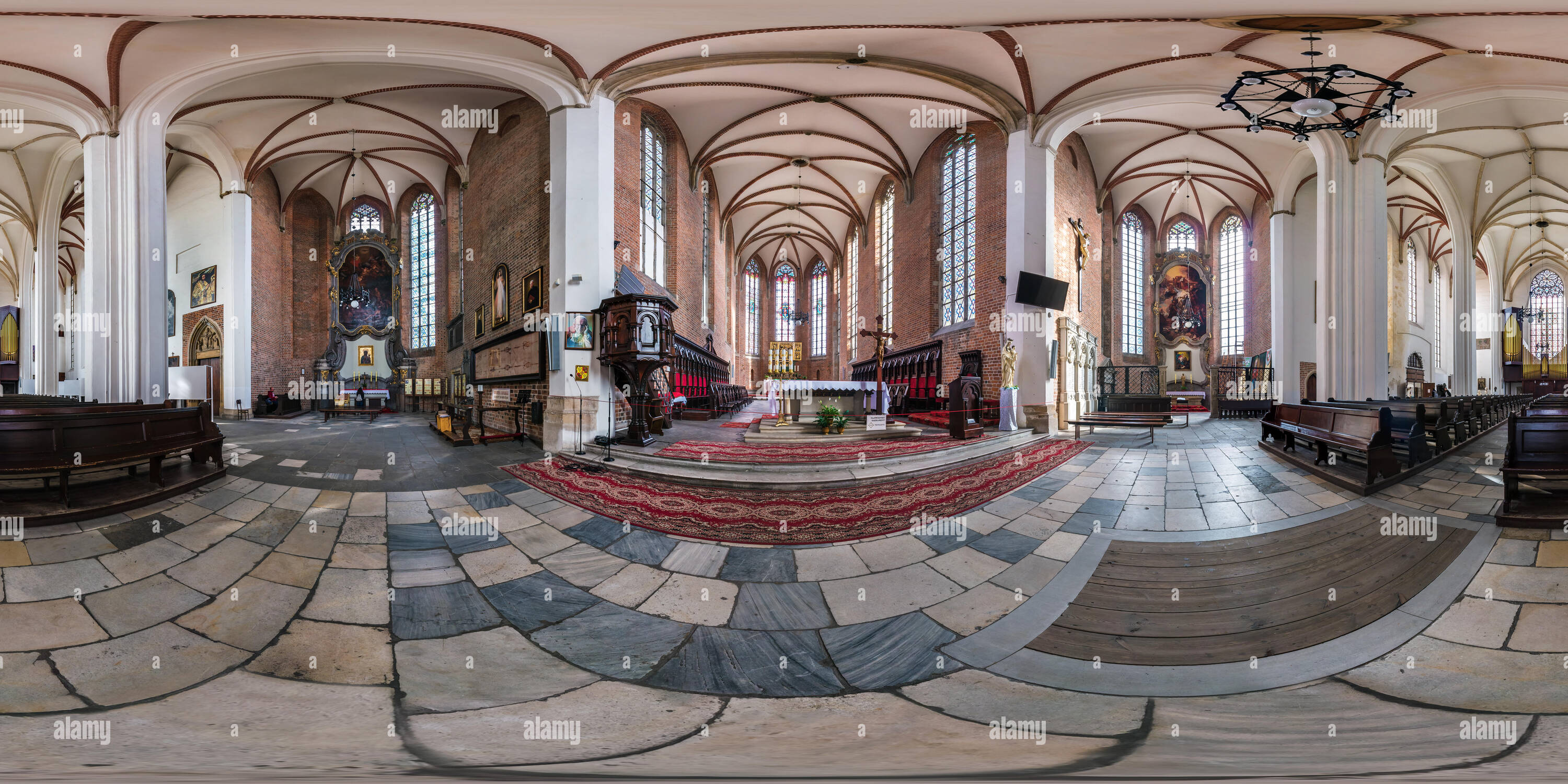 360 degree panoramic view of WROCLAW, POLAND - SEPTEMBER, 2018: full seamless spherical panorama 360 by 180 degrees angle view interior gothic catholic church. 360 panorama in equ