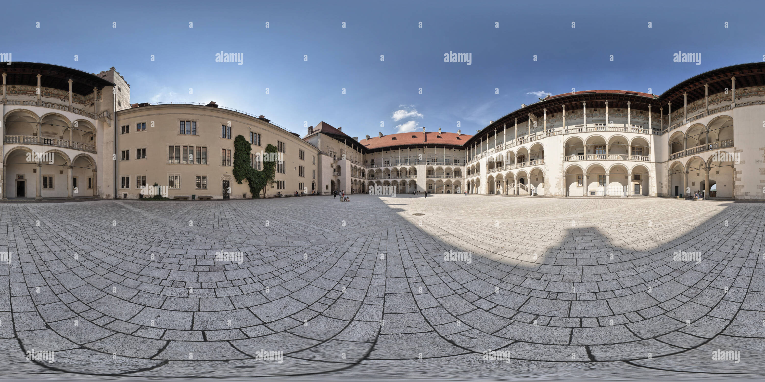 360 degree panoramic view of A 360 degree virtual tour of the Wawel Hill in Krakow with the royal castle and the cathedral.