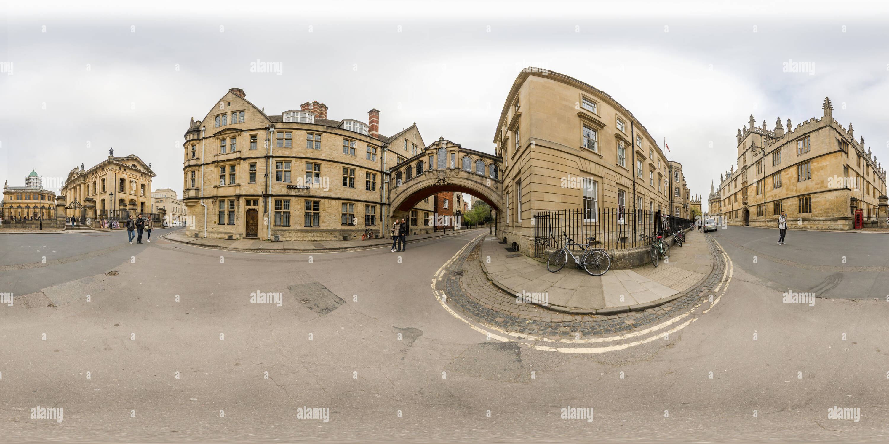 360 degree panoramic view of Bridge of Sighs connecting separate buildings of Hertford college, Oxford university, England, on an overcast day.