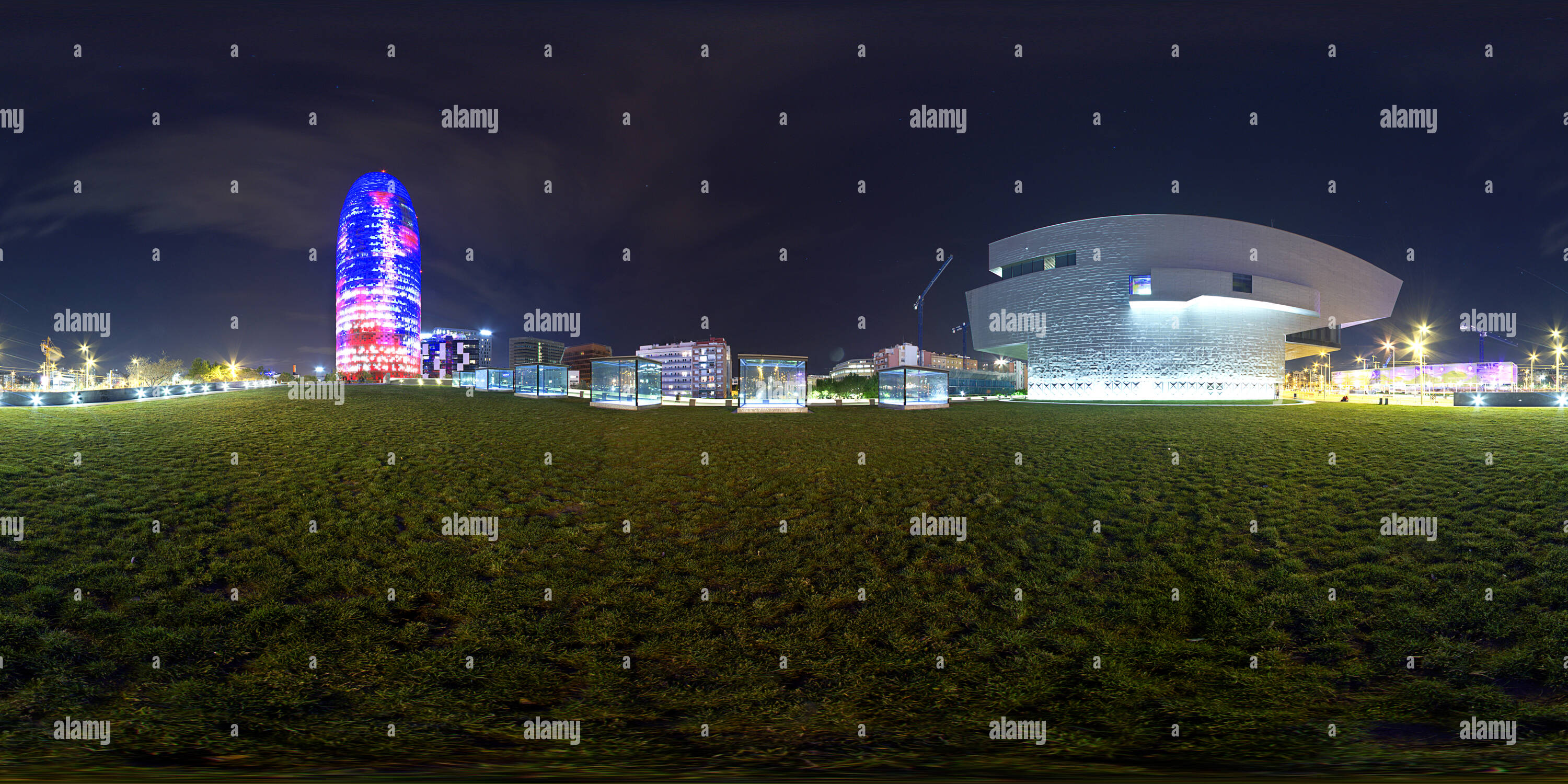 360 degree panoramic view of 360 view of the city of Barcelona at night. neighborhood of the Olympic village of Barcelona