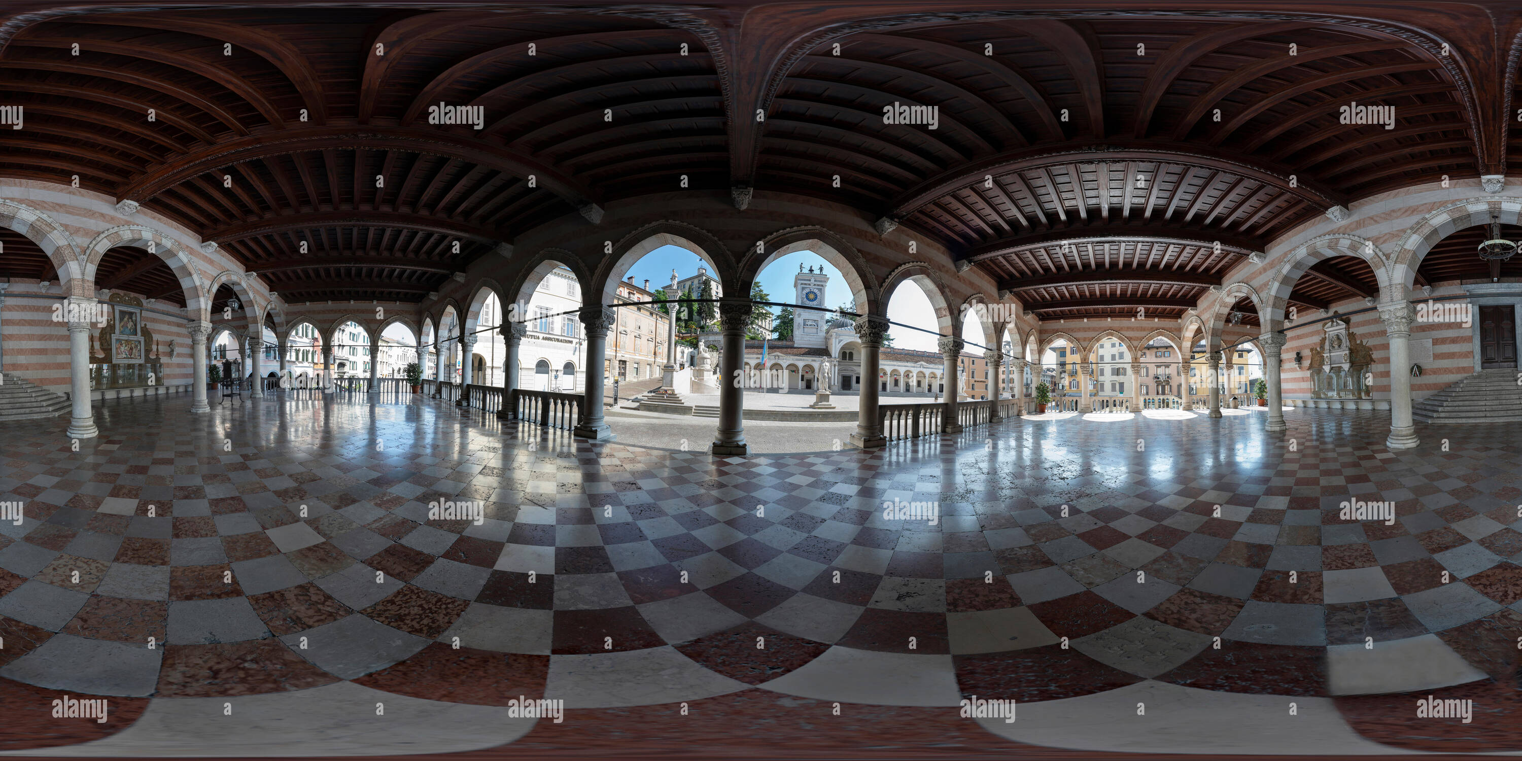 360 degree panoramic view of Udine, Italy. May 2, 2019.   A 360* panoramic view of  the Loggia of Lionello in Liberty Square