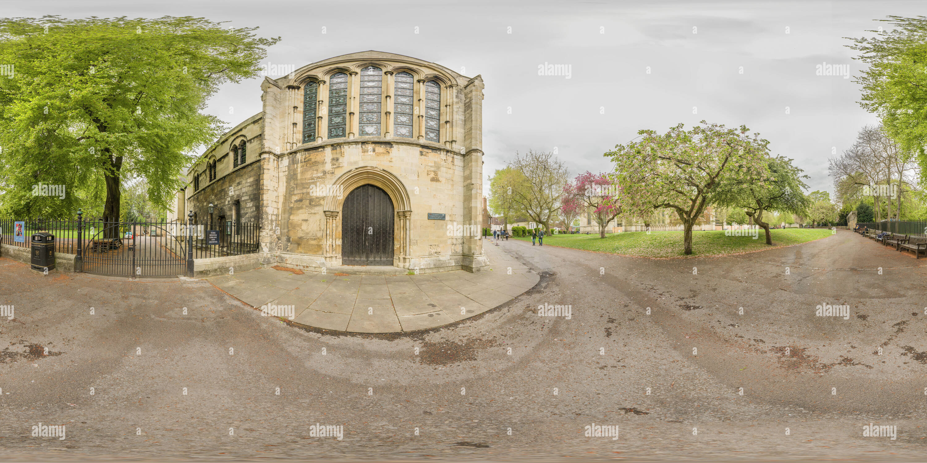 360 degree panoramic view of Old Palace in the grounds of Dean's Park in the precincts of medieval cathedral (minster) at York, England, on an overcast spring day.