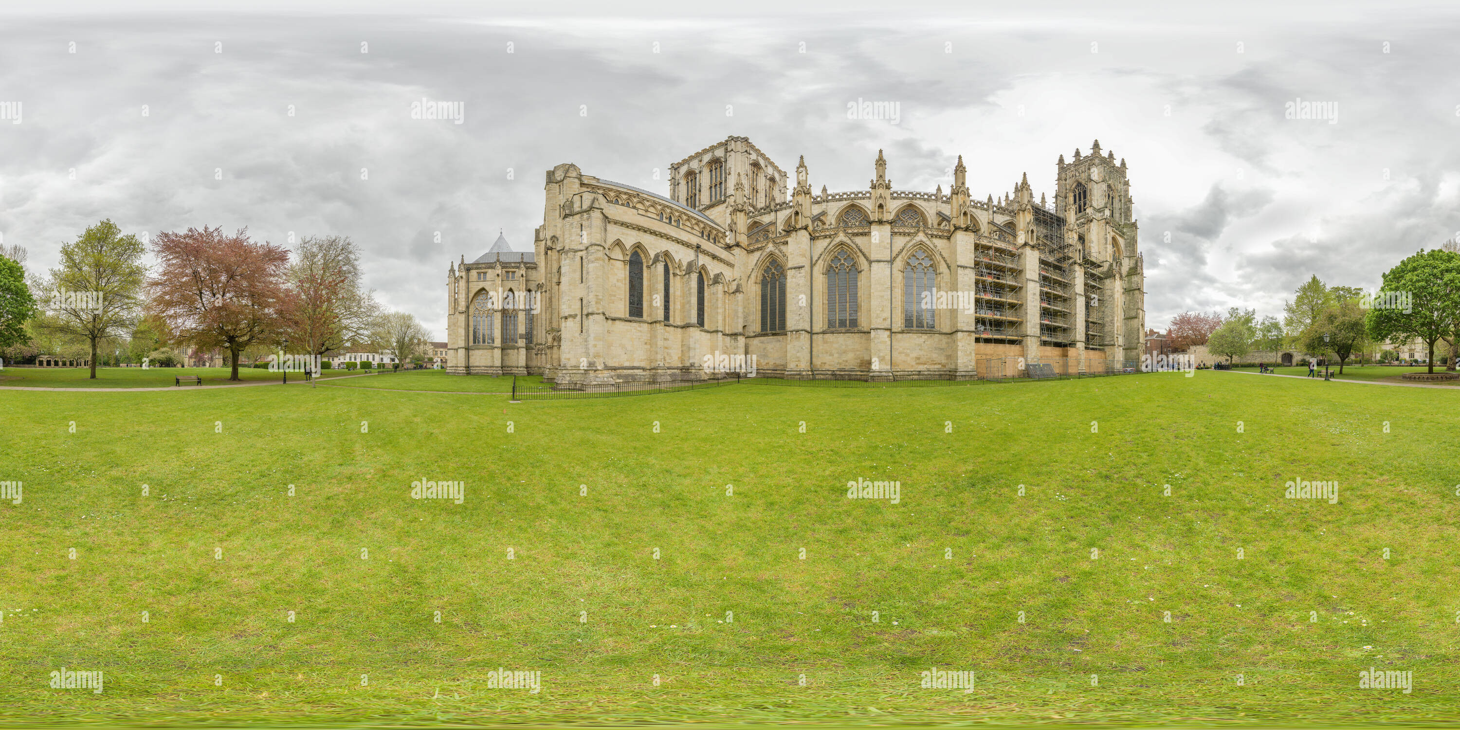 360 degree panoramic view of Dean's park and the north exterior of the medieval cathedral (minster) at York, England, on an overcast spring day.