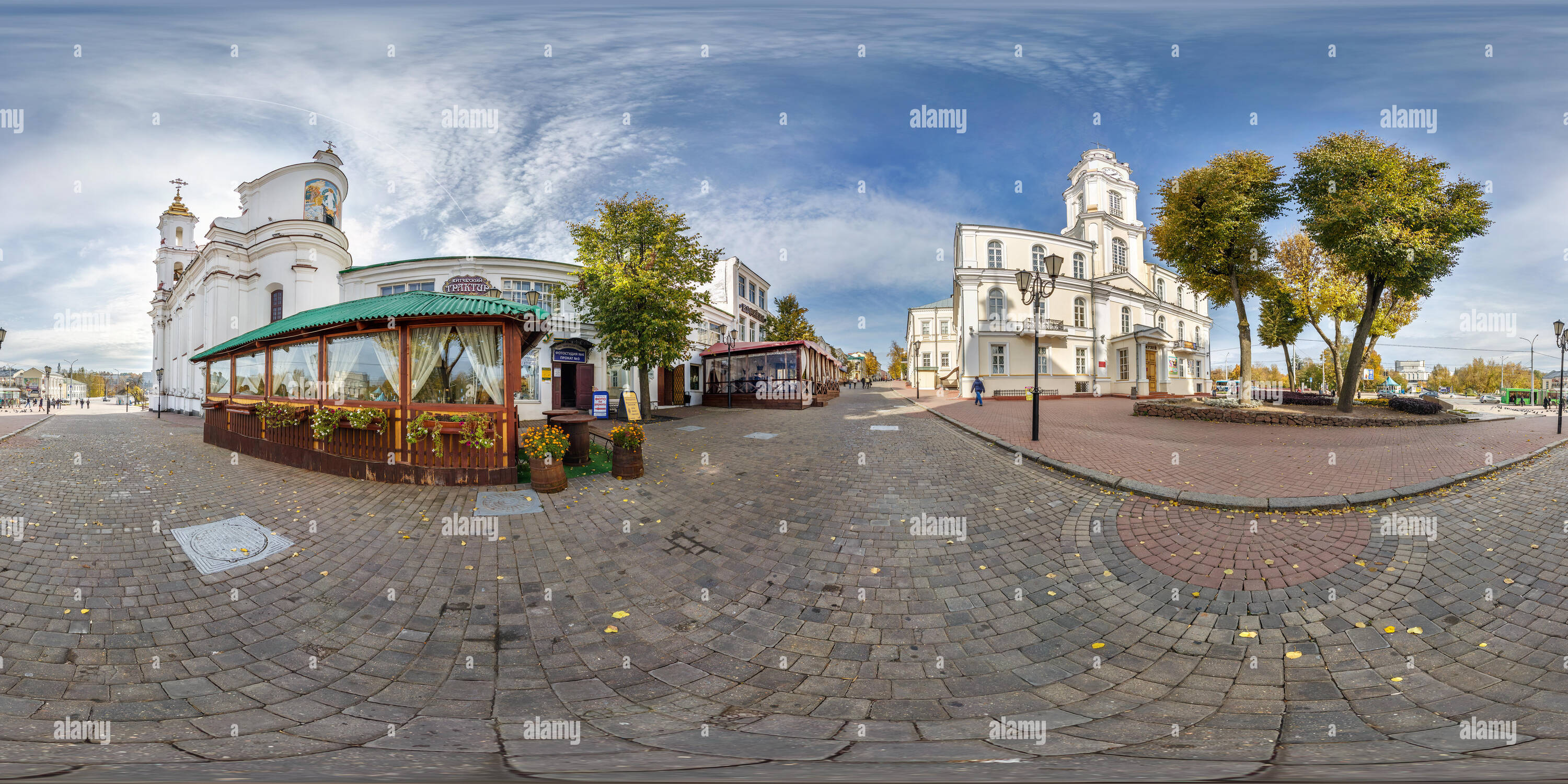 360 degree panoramic view of VITEBSK, BELARUS - OCTOBER, 2018: Full seamless panorama 360 degrees angle view on pedestrian street place of old tourist town in equirectangular proj