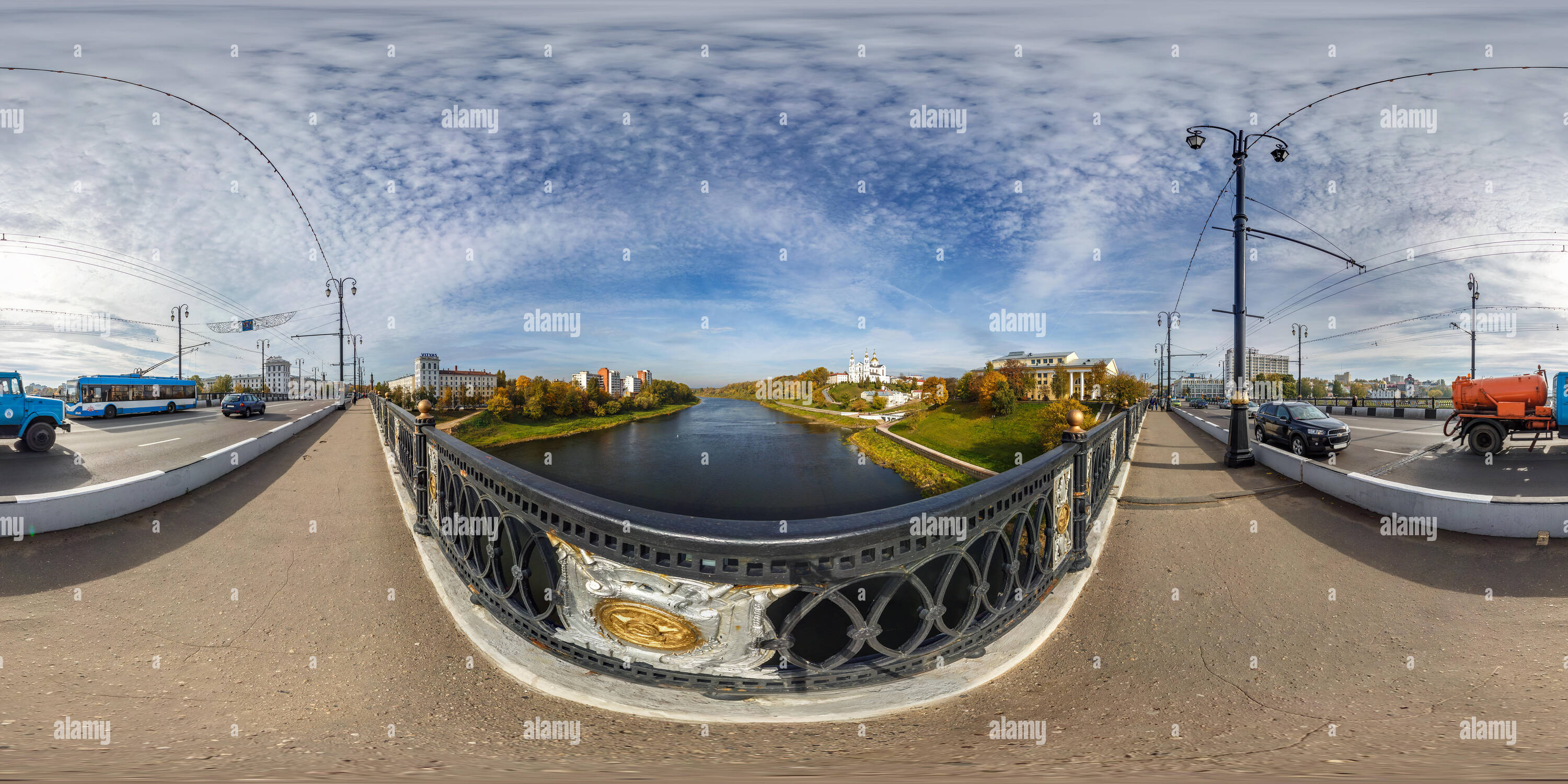 360 degree panoramic view of VITEBSK, BELARUS - OCTOBER 2018: Full spherical 360 degrees angle view panorama old city near steel frame construction of huge bridge across river in