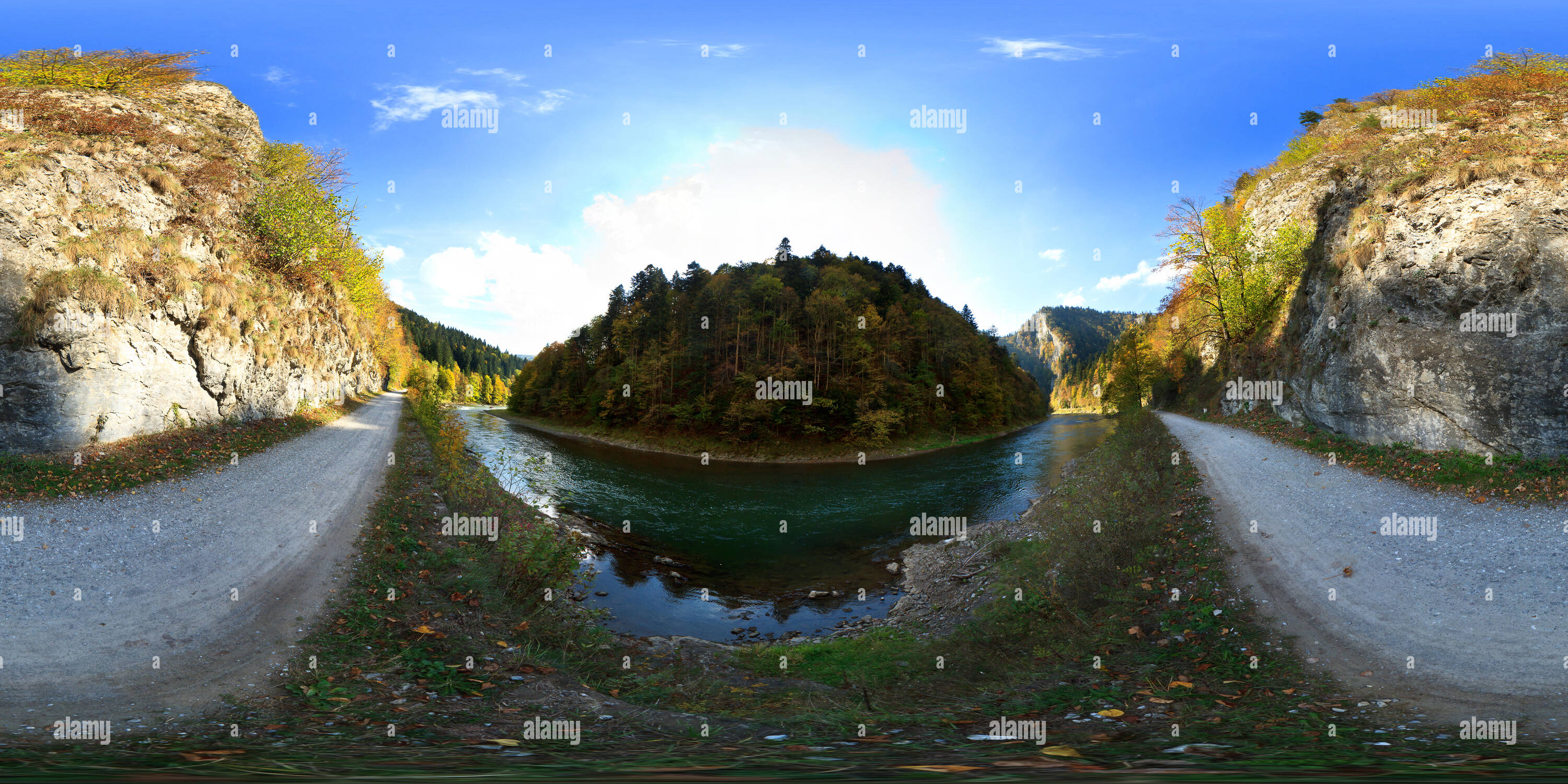 360 degree panoramic view of 360 degree virtual tour of Dunajec River Gorge. The Pieniny Mountains. Poland/Slovakia border.