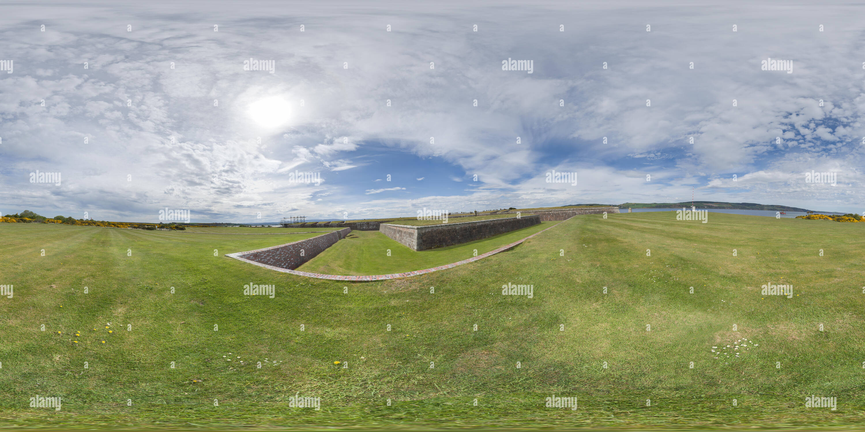 360 degree panoramic view of The hanoverian fort built by king George II in the mid 18th century at Fort George peninsula on the Moray Firth, opposite the lighthouse at Chanonry P