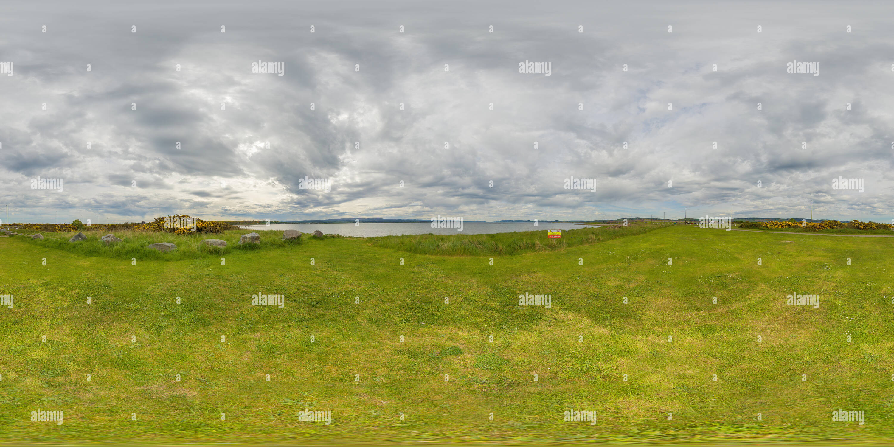 360 degree panoramic view of Grassland at the Fort George peninsula on the Moray Firth, opposite the lighthouse at Chanonry Point, guarding the entrance to Inverness, Scotland.