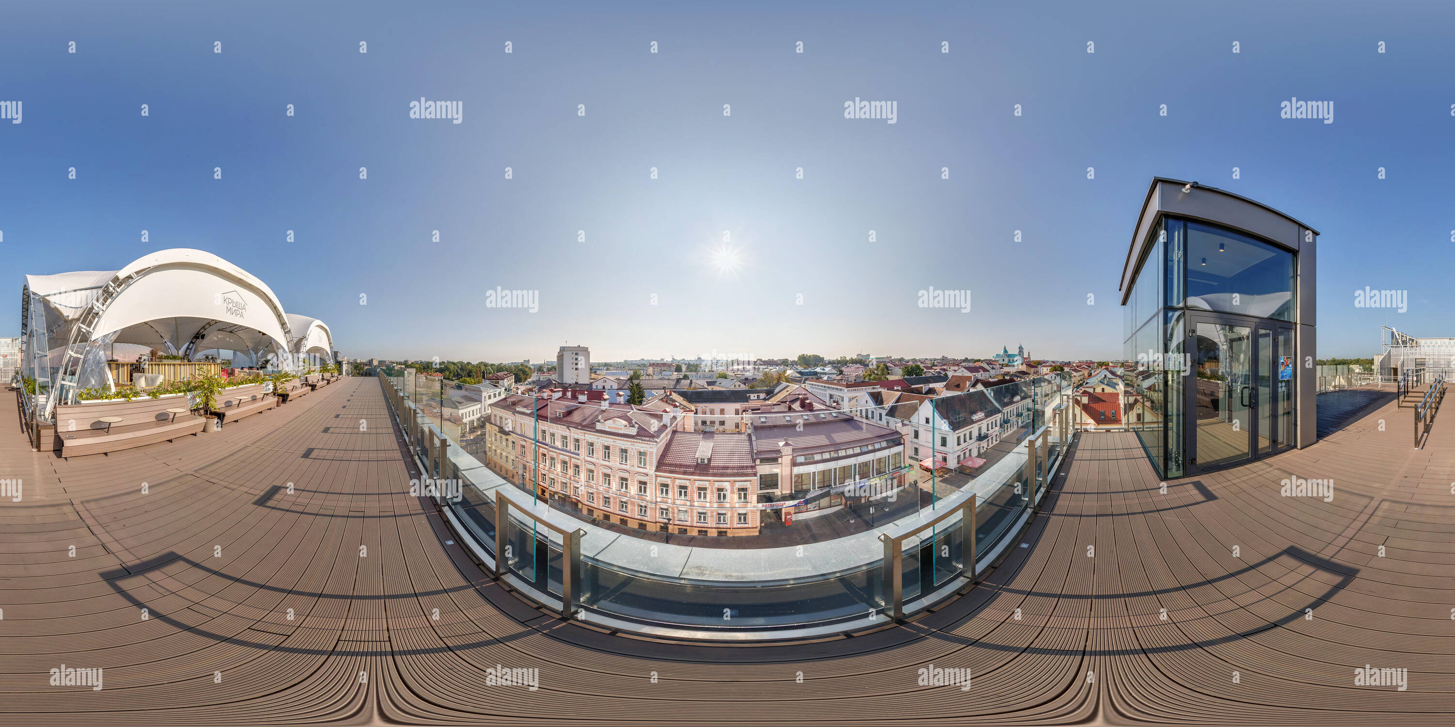 360 degree panoramic view of GRODNO, BELARUS - AUGUST, 2018: full seamless spherical hdri panorama 360 degrees angle view in cafe under canopy on roof of building overlooking old