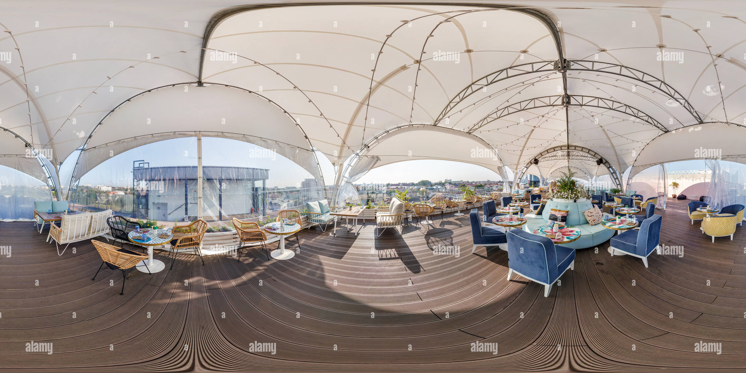 360 degree panoramic view of GRODNO, BELARUS - AUGUST, 2018: full seamless spherical hdri panorama 360 degrees angle view in modern cafe under a canopy on the roof of the building