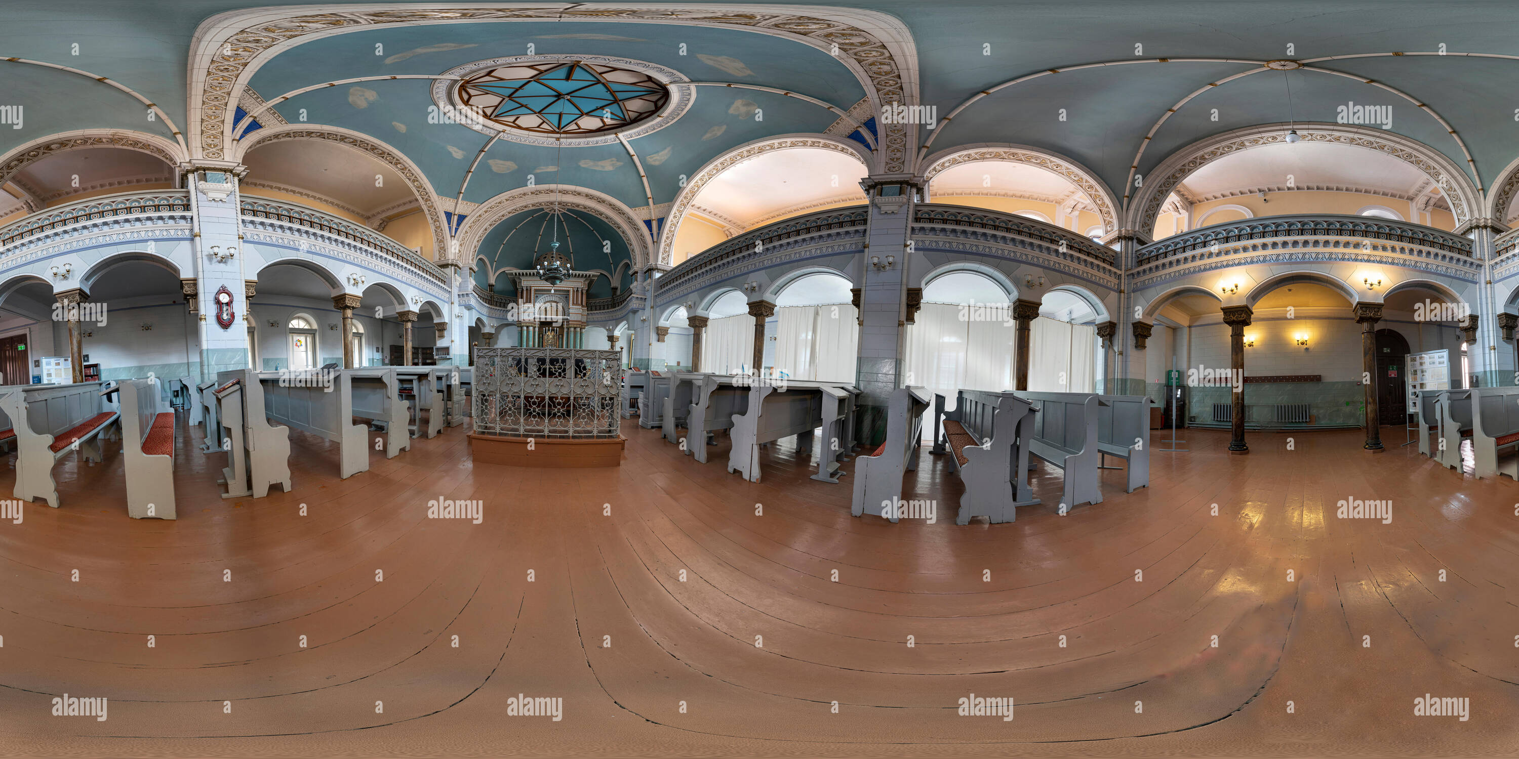 360 degree panoramic view of Vilnius, Lithuania. May 2019.  the 360 panoramic view in the interior of the Vilnius synagogue