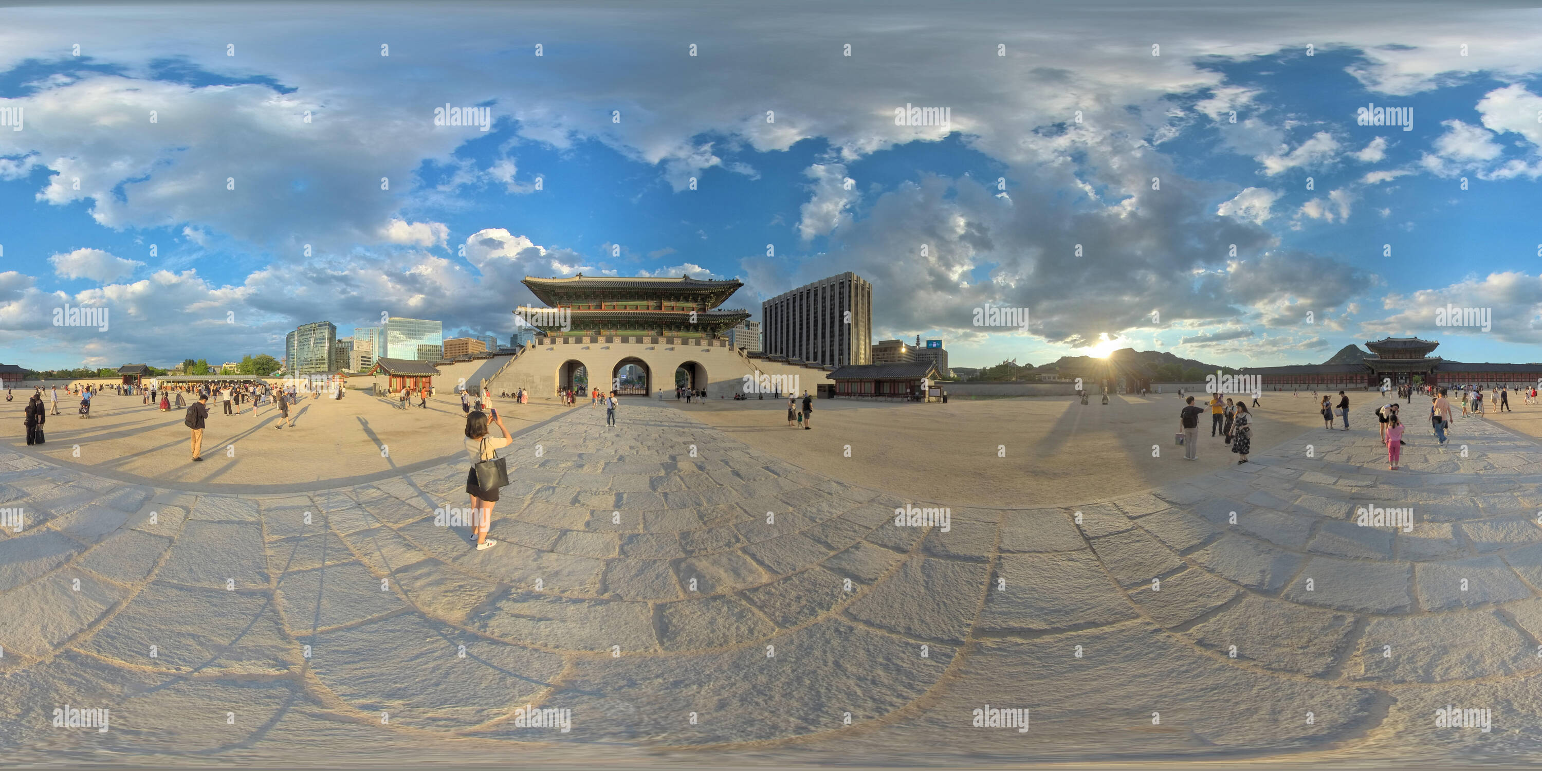 360 degree panoramic view of Seoul, South Korea - 22 June 2019 360 degrees panorama view of Gyeongbokgung Palace and City Center.