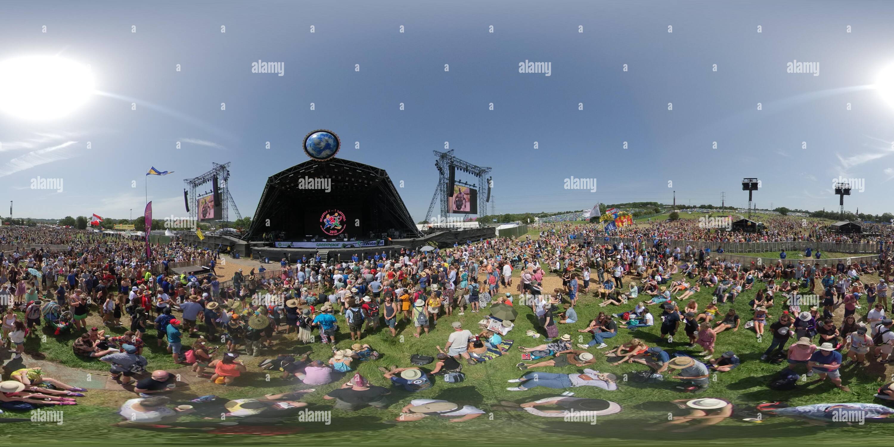 360 degree panoramic view of 360° view of The Pyramid Stage at Glastonbury Music Festival 2019