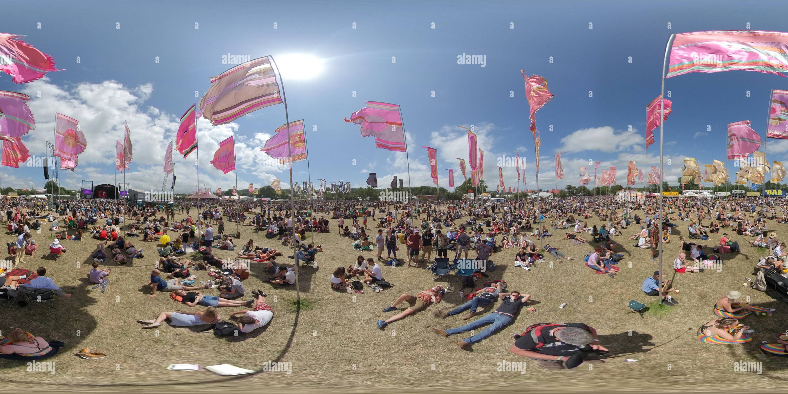 360 degree panoramic view of 360° View of flags and stage at West Holt Stage at The Glastonbury Festival Summerset 2019