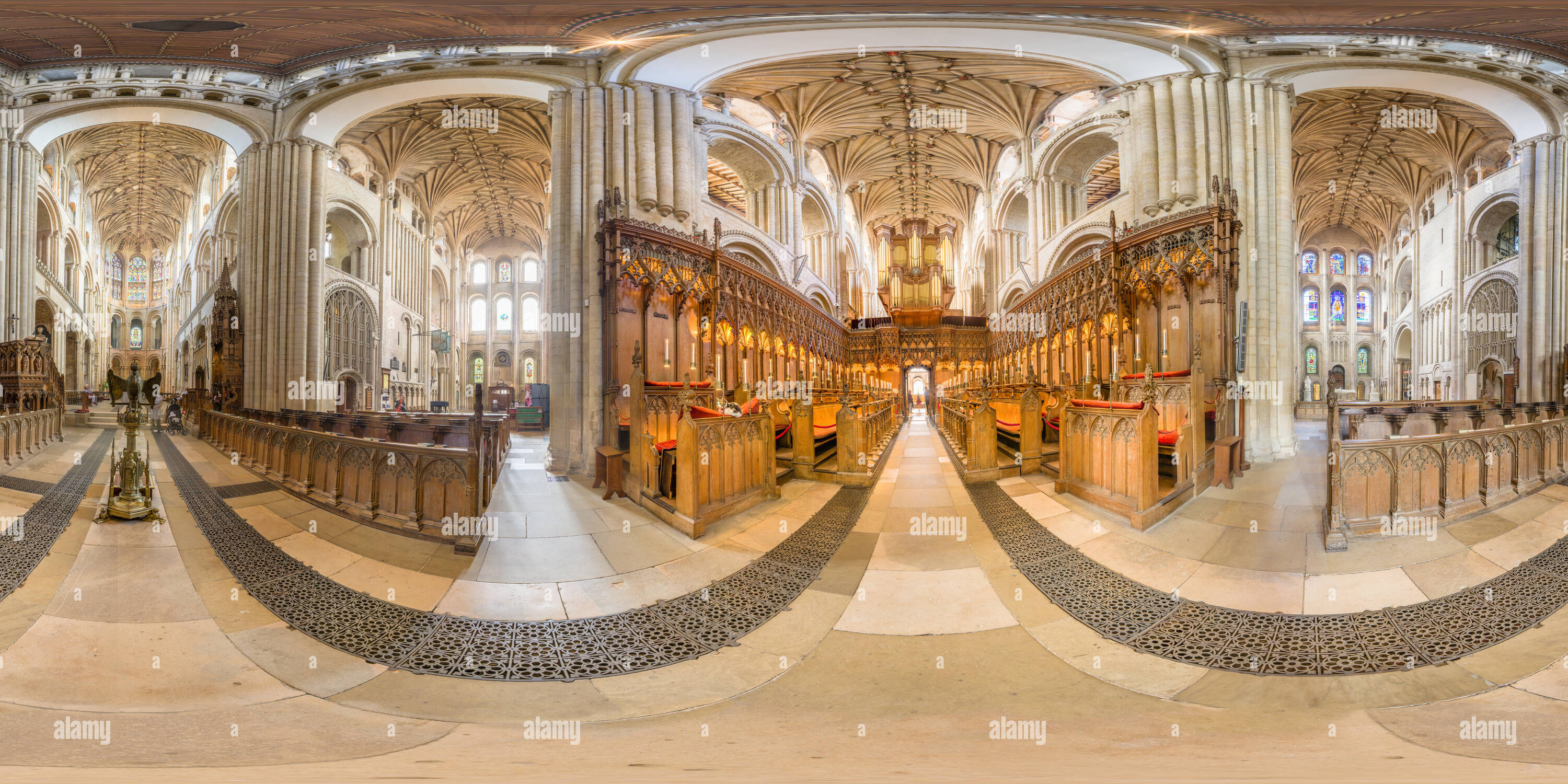 360 degree panoramic view of Choir and chancel of the Holy and Undivided Trinity cathedral at Norwich, England.