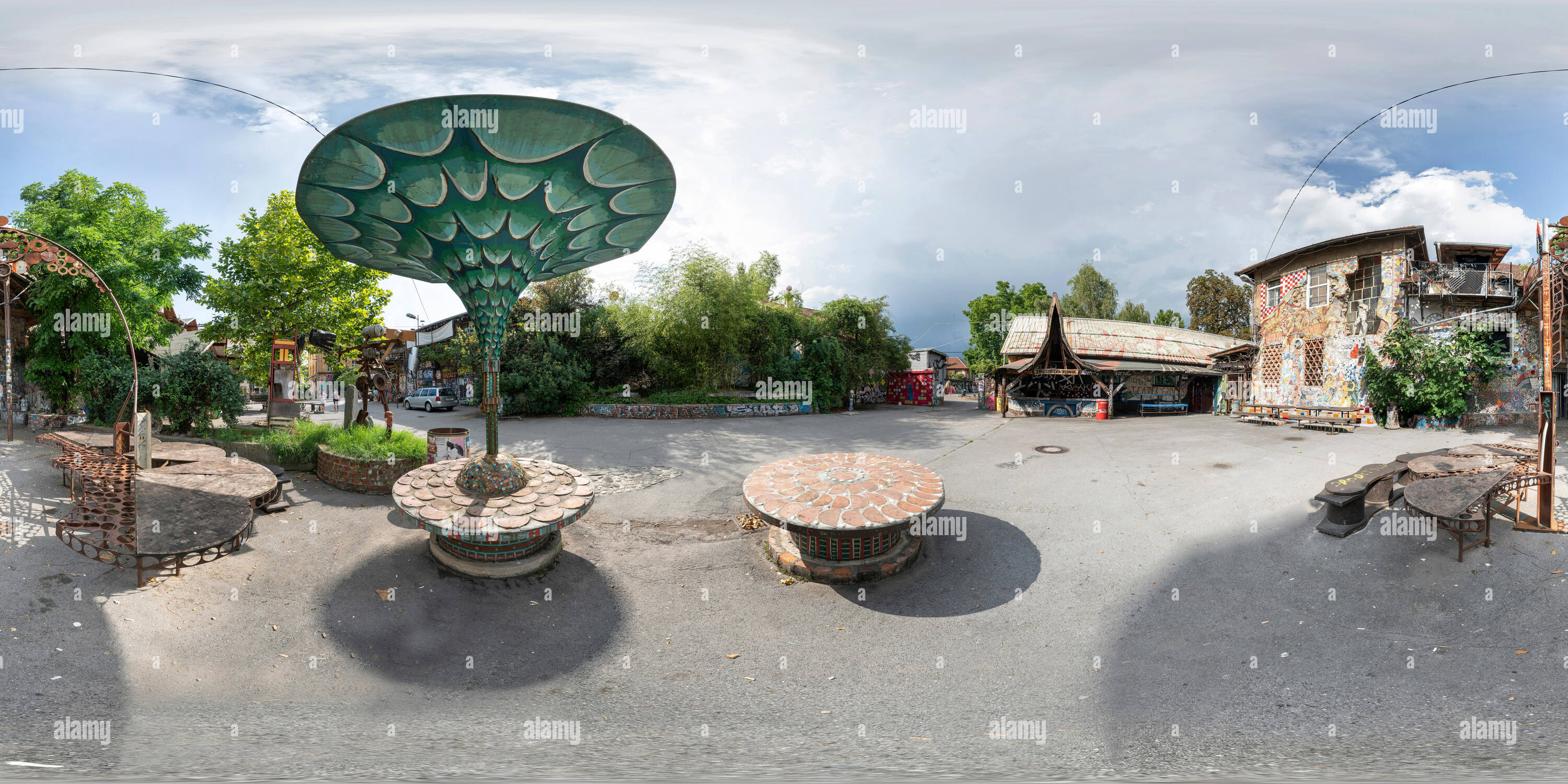360 degree panoramic view of Ljubljana, Slovenia. August 3, 2019. A 360 degrees spherical view of  the social and cultural center of Metelkova in the city center
