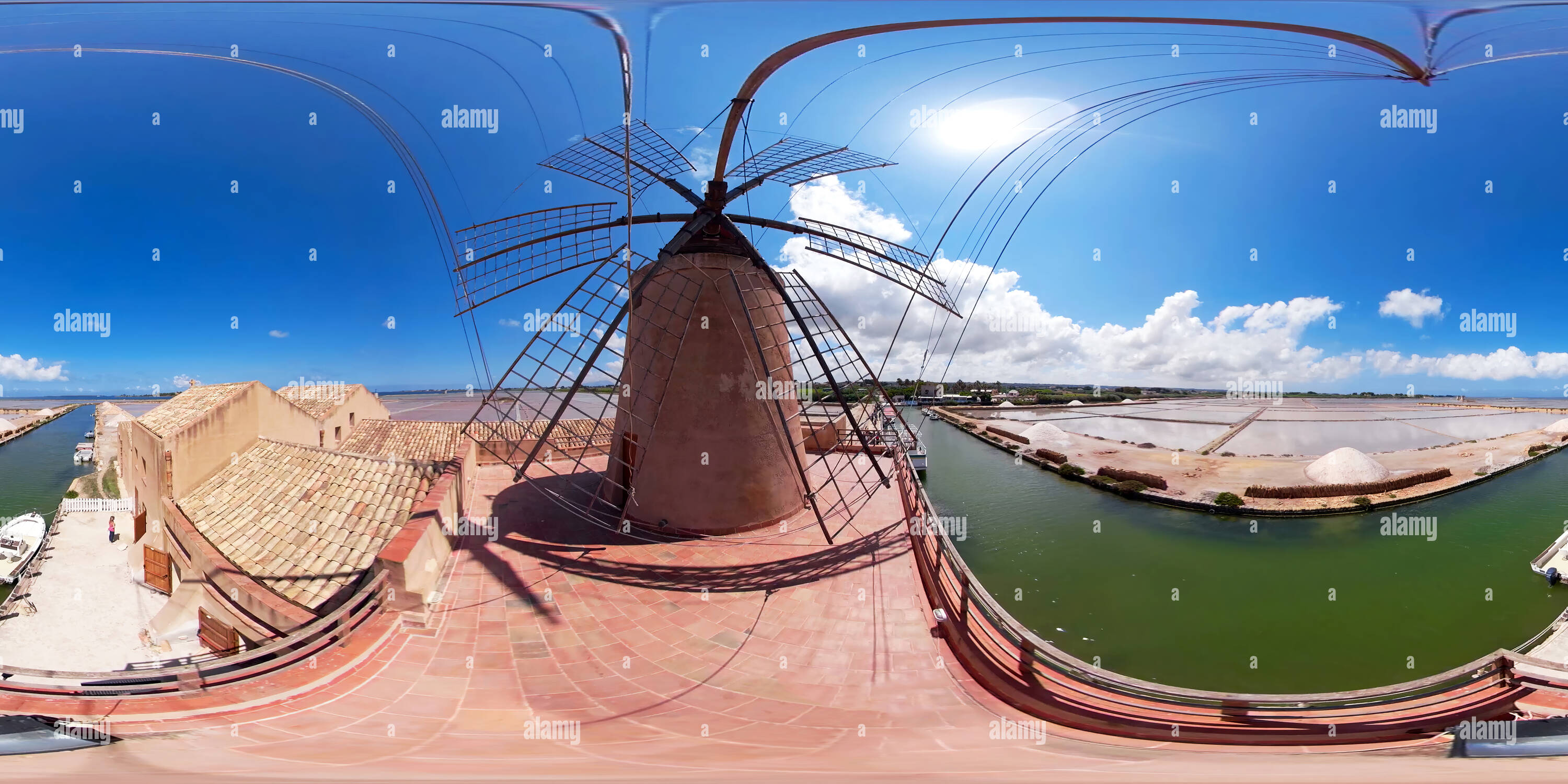 360 degree panoramic view of Windmill, Salt Museum,  Trapani Salt Pans, Sicily