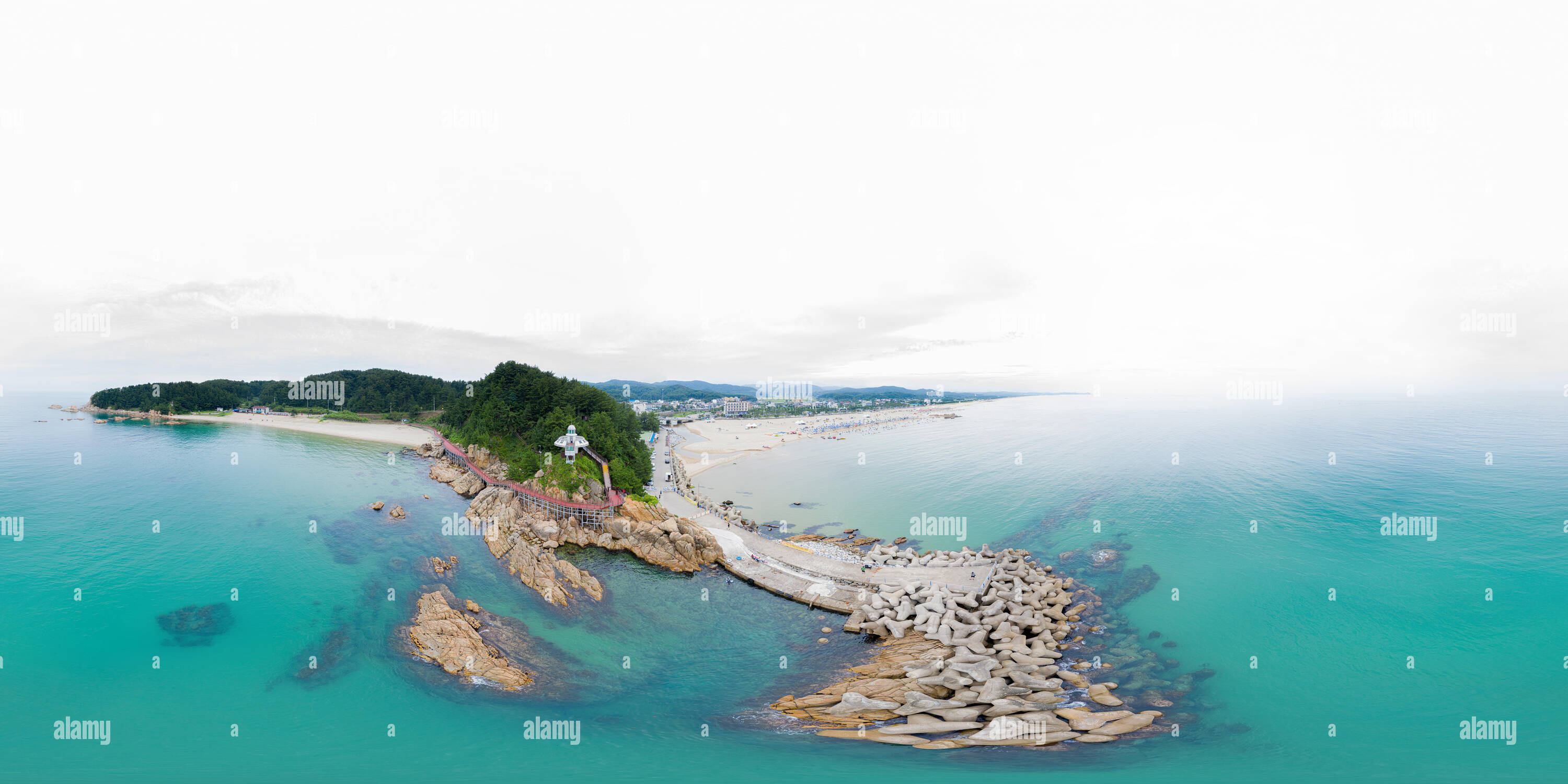 360 degree panoramic view of Donghae, South Korea 6 August 2019: 360 degrees spherical panorama with beautiful beach. Drone shot of beach and island. VR content.