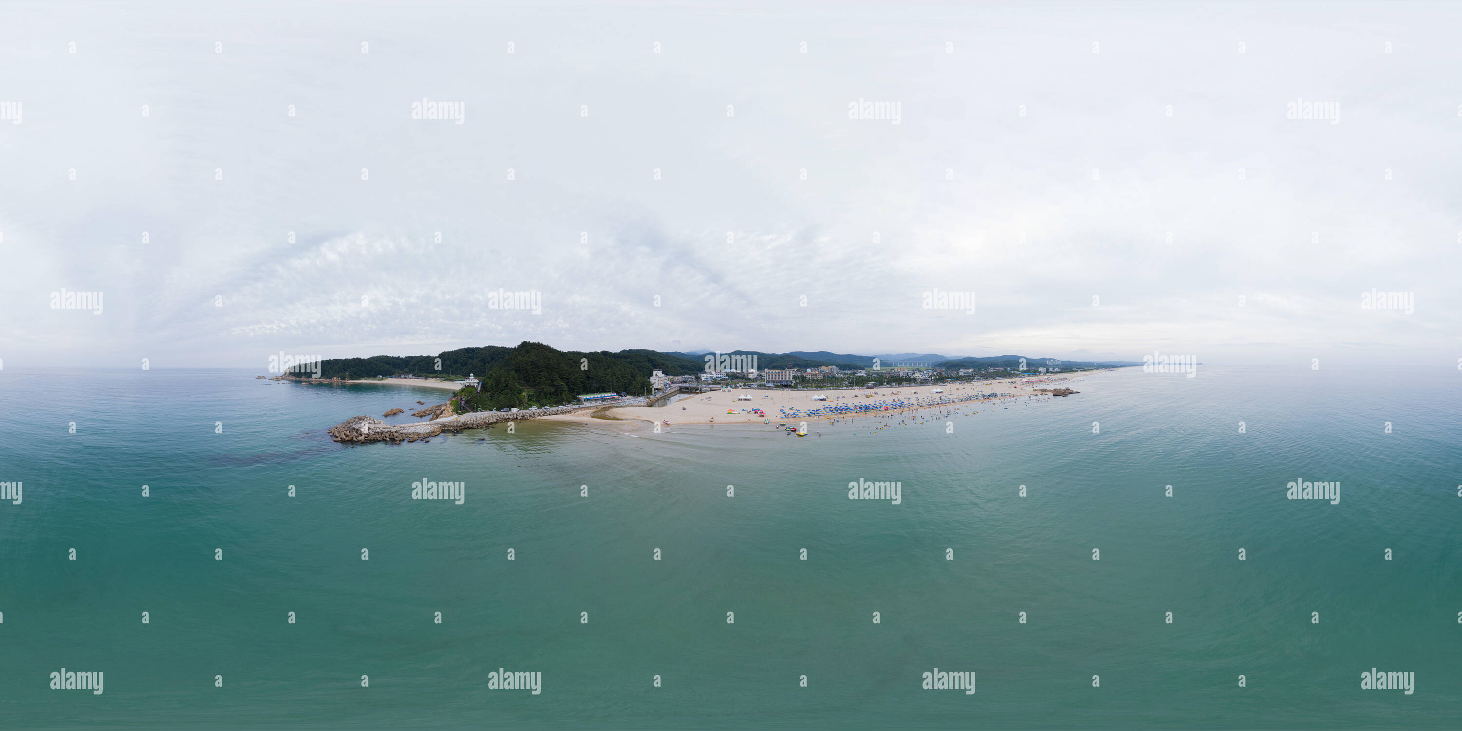 360 degree panoramic view of Donghae, South Korea 6 August 2019: 360 degrees spherical panorama with beautiful beach. Drone shot of beach and island. VR content.