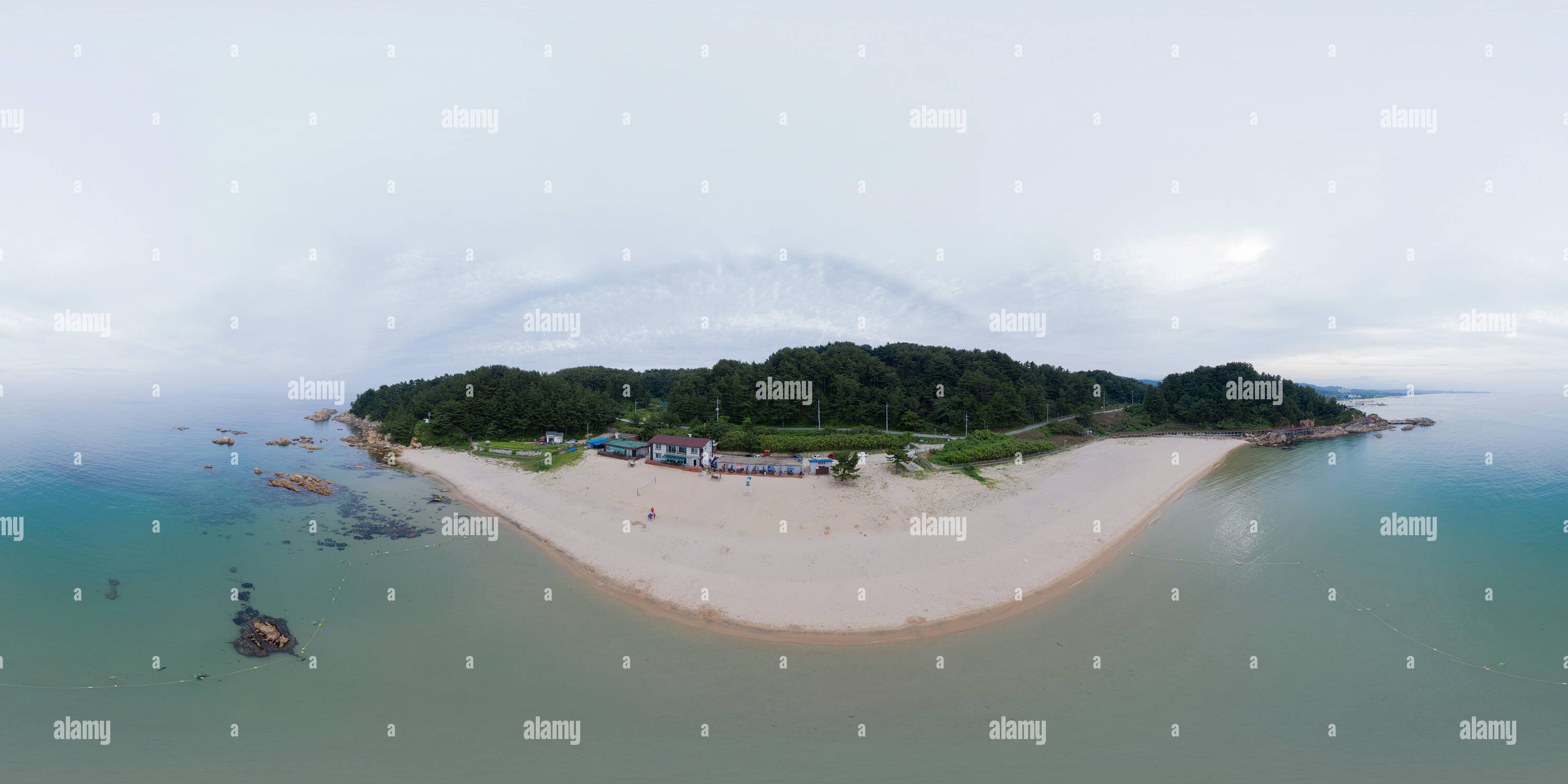 360 degree panoramic view of Donghae, South Korea 6 August 2019: 360 degrees spherical panorama with beautiful beach. Drone shot of beach and island. VR content.