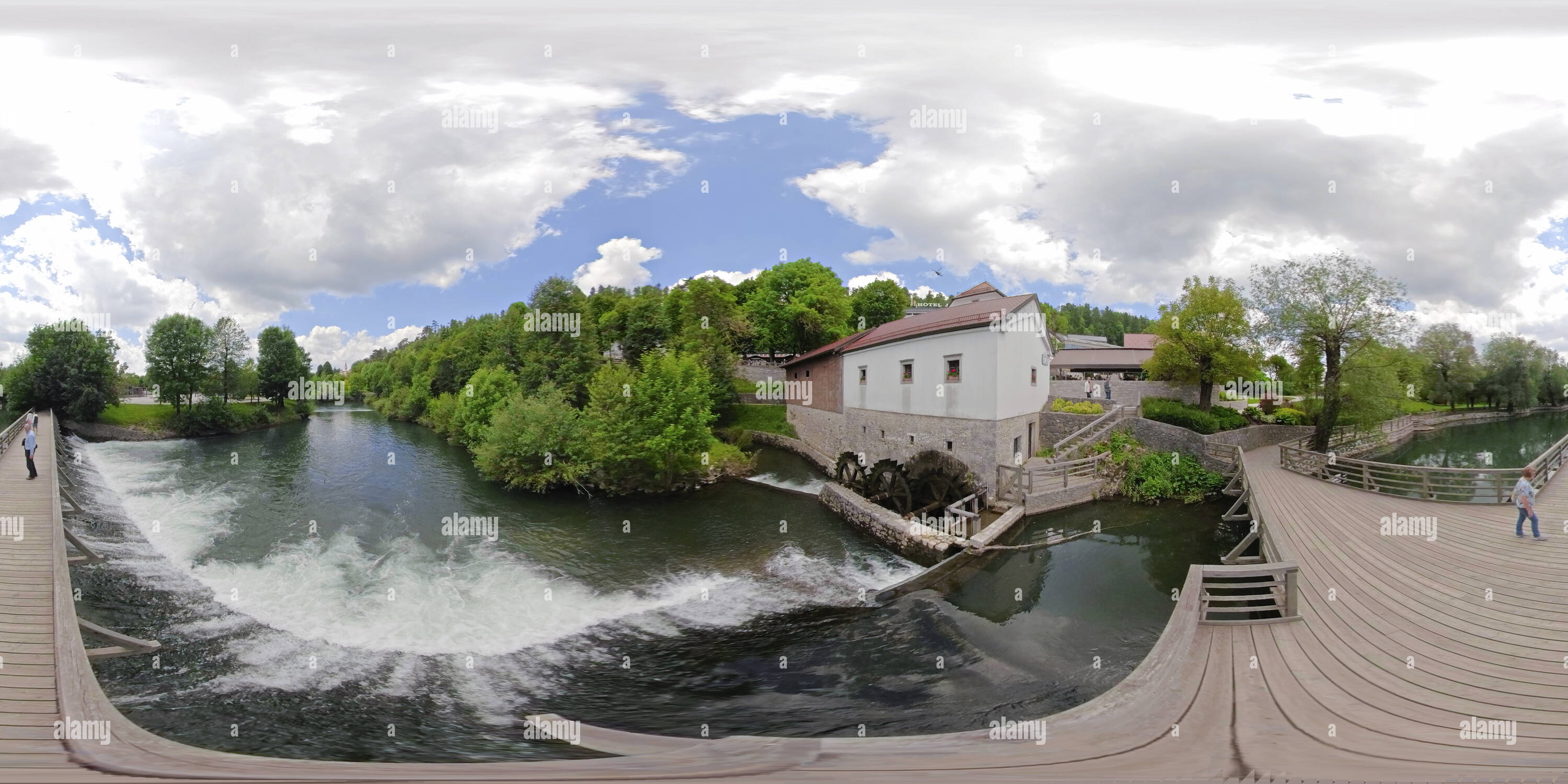 360 degree panoramic view of Water Wheel &amp; Mill, Pivka River,  Postojna, Slovenia